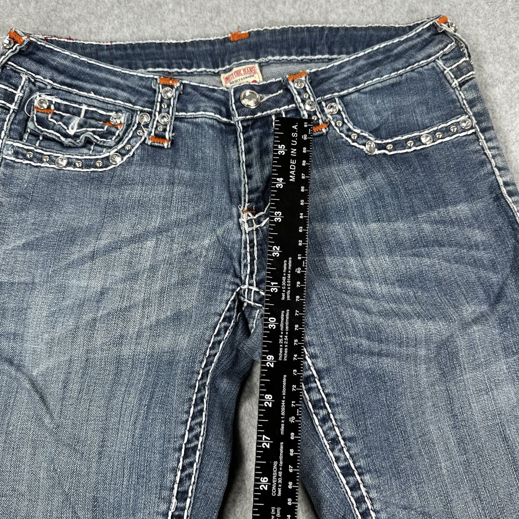Vintage Miss Chic Jeans Womens 5 Blue Bootcut Denim Pants Distressed Crystal Studded Rhinestone Pockets Y2K Size 27" / US 4 / IT 40 - 7 Thumbnail