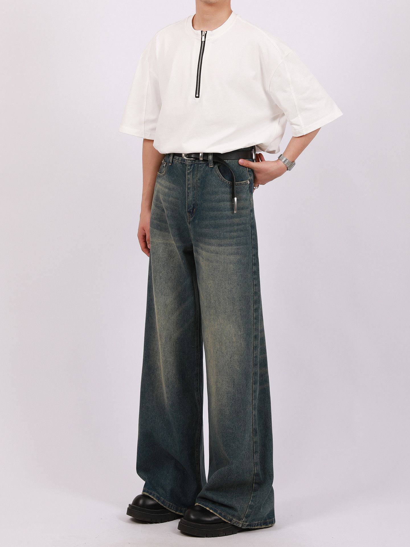 Jean Vintage distressed men's street loose washed wide-leg jeans Size US 32 / EU 48 - 5 Thumbnail