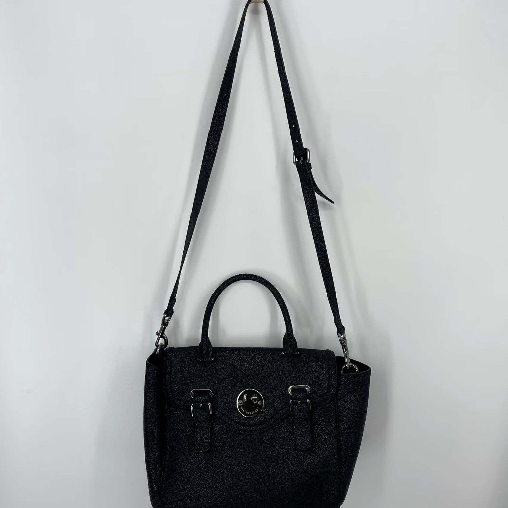 Vintage Hill and Friends Satchel Tote Women Large Blue Leather Pebbled Crossbody Strap Silver Hardware Happy Womens Size ONE SIZE - 2 Thumbnail