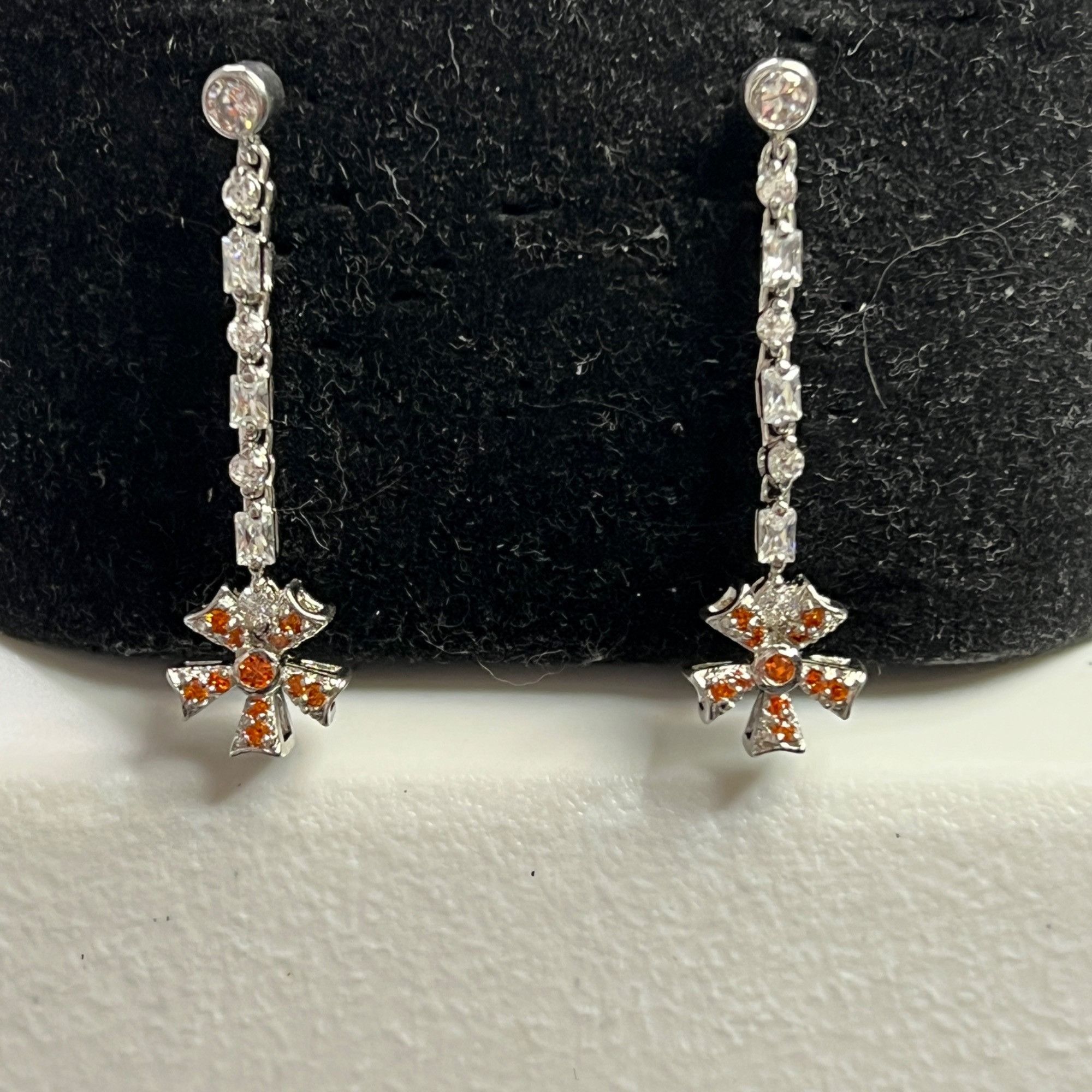 Designer Sterling Silver Drop Earrings With Orange Gemstone Floral Size ONE SIZE - 4 Thumbnail