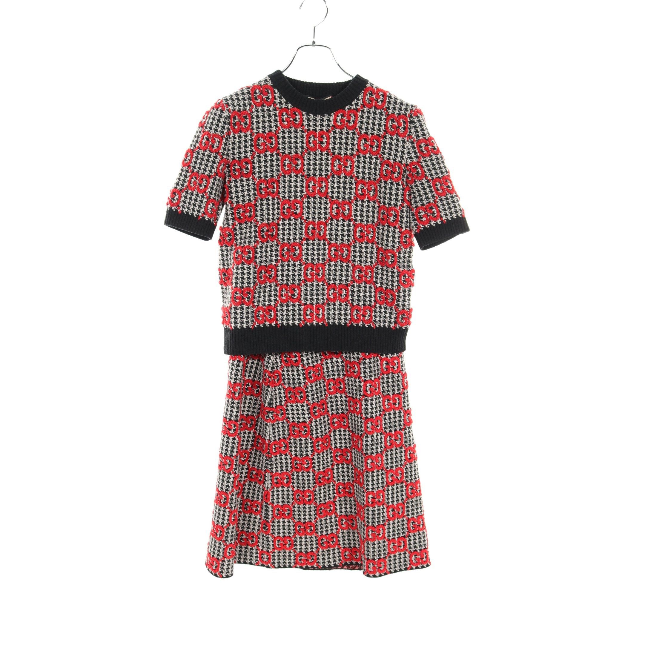 Gucci Gg Pattern Set Up Houndstooth Wool Black Red White