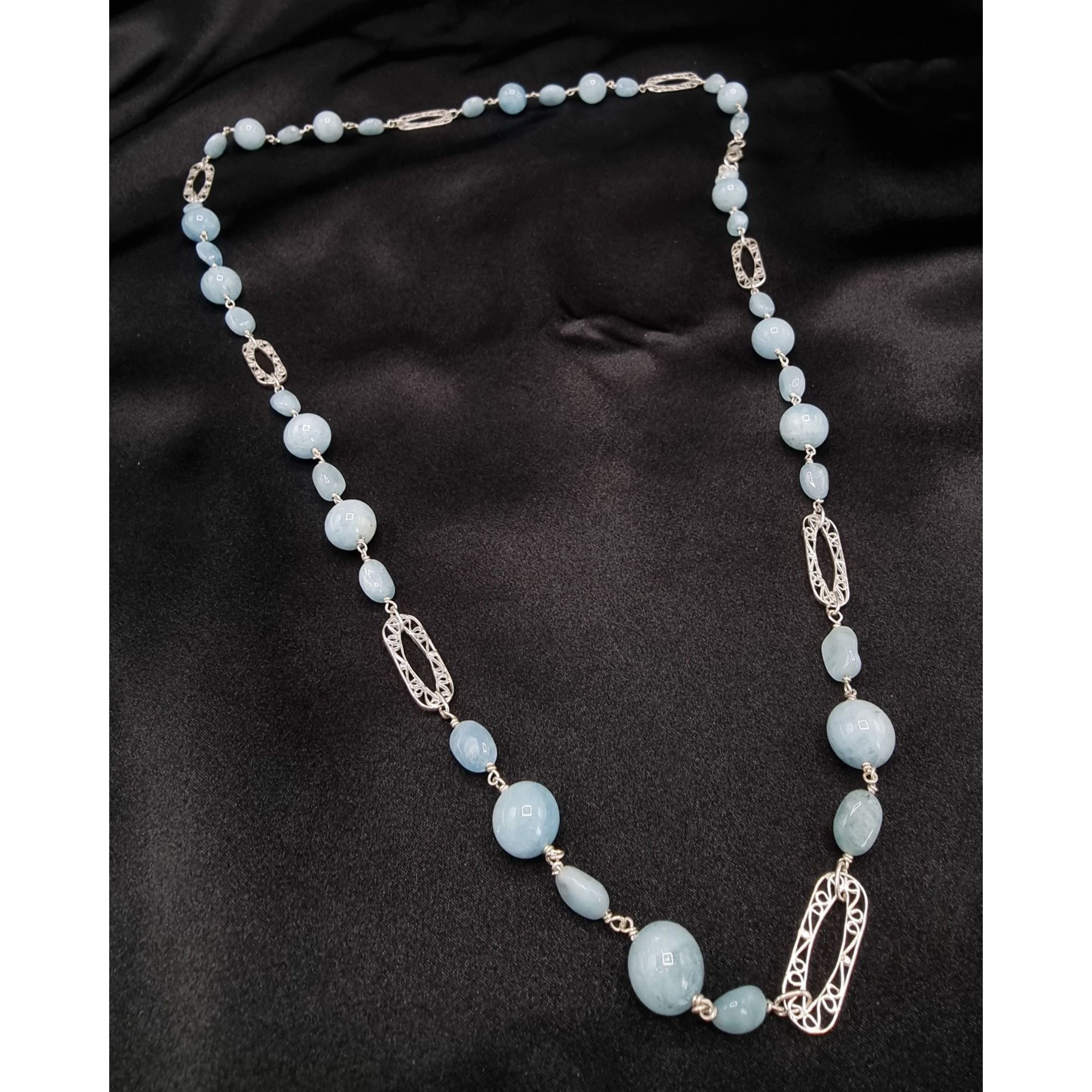 Vintage 925 Sterling Silver Aquamarine Beaded Necklace Signed BJ Chi Size ONE SIZE - 2 Thumbnail