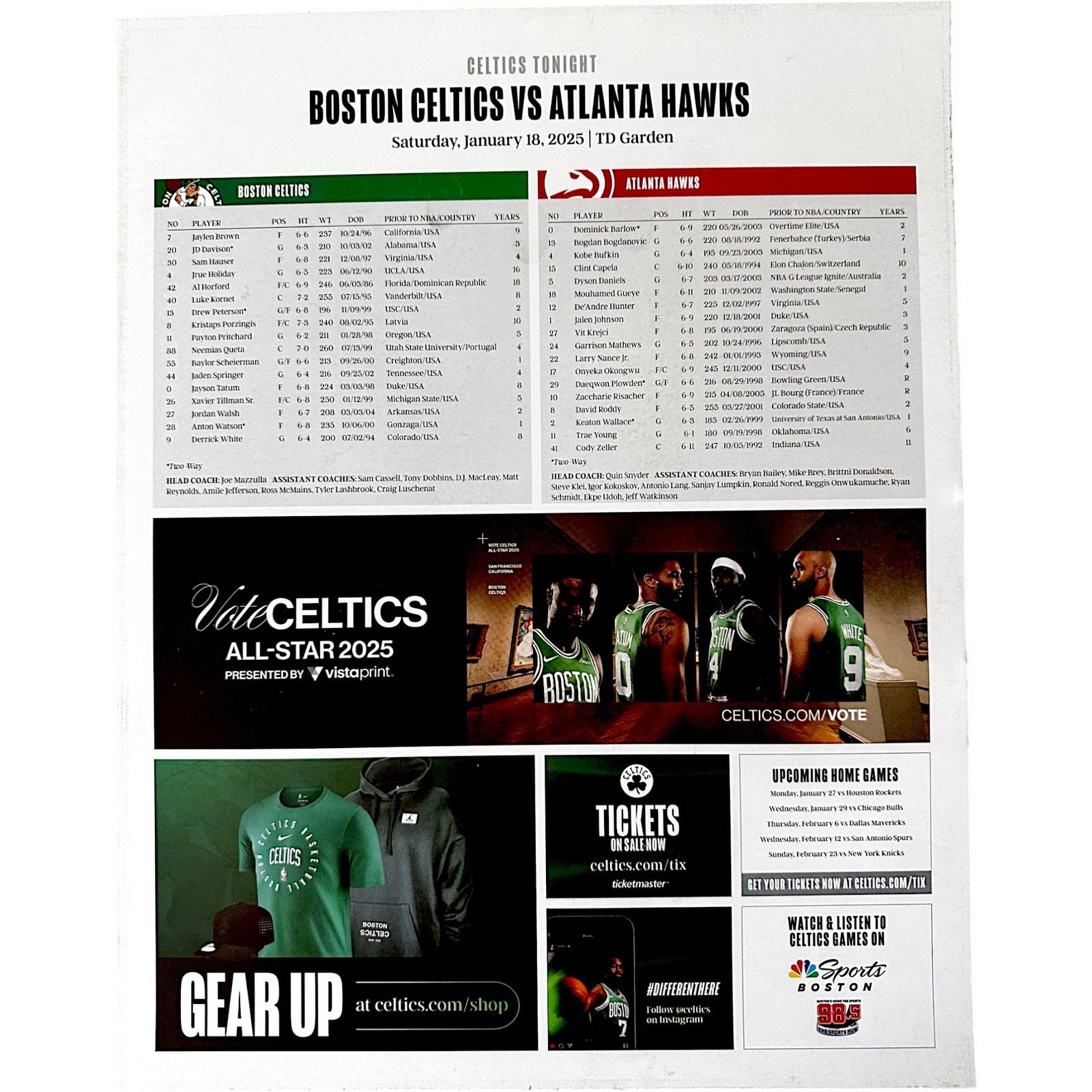 NBA Boston Celtics v Atlanta Hawks 1/18/25 Lineup Poster Size ONE SIZE - 2 Thumbnail