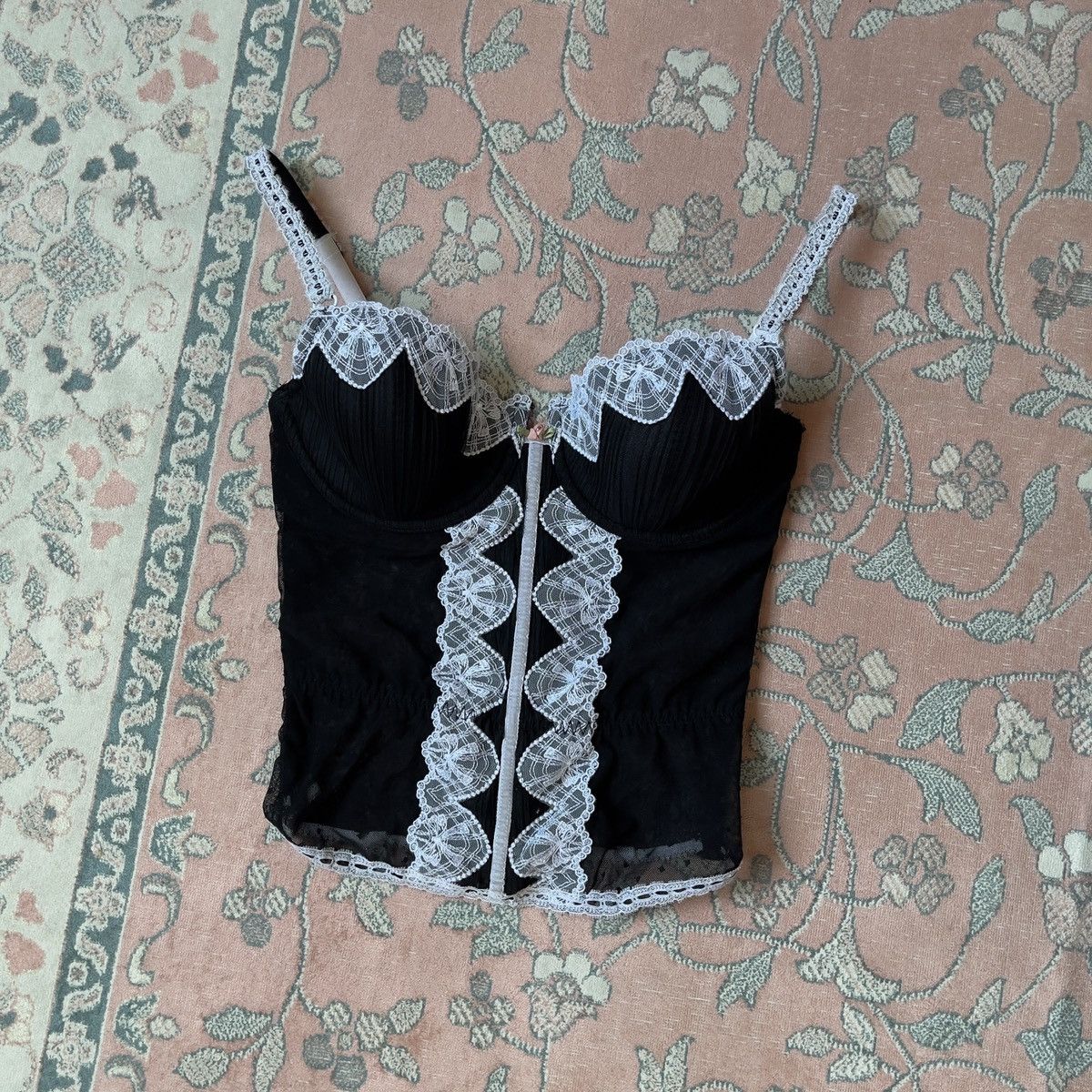 Vintage Black Mesh & White Lace Detail Corset Bustier (36C/34D) Size ONE SIZE - 1 Thumbnail