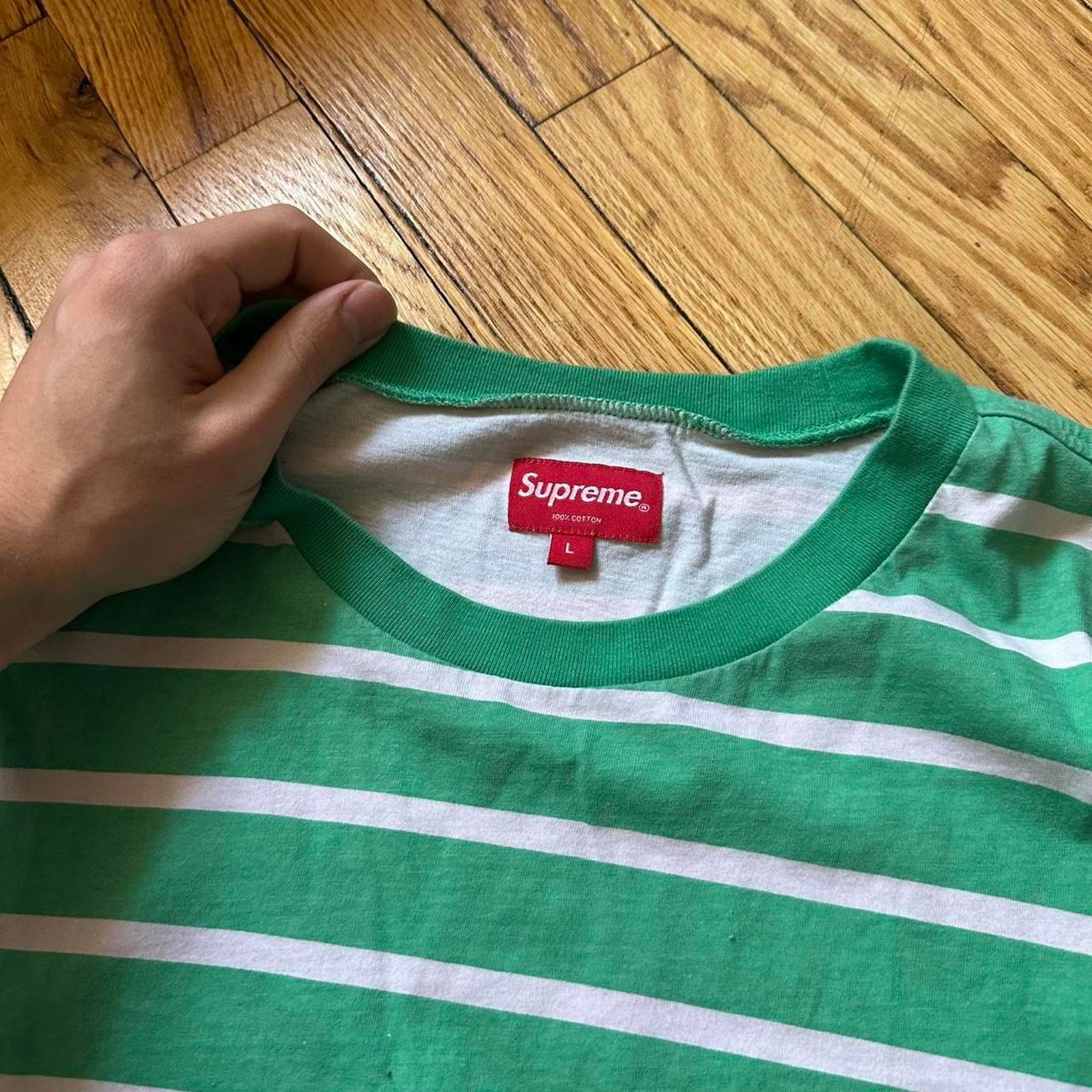 Supreme Supreme Green Striped Logo Spellout Basic Longsleeve Shirt Size US L / EU 52-54 / 3 - 3 Thumbnail