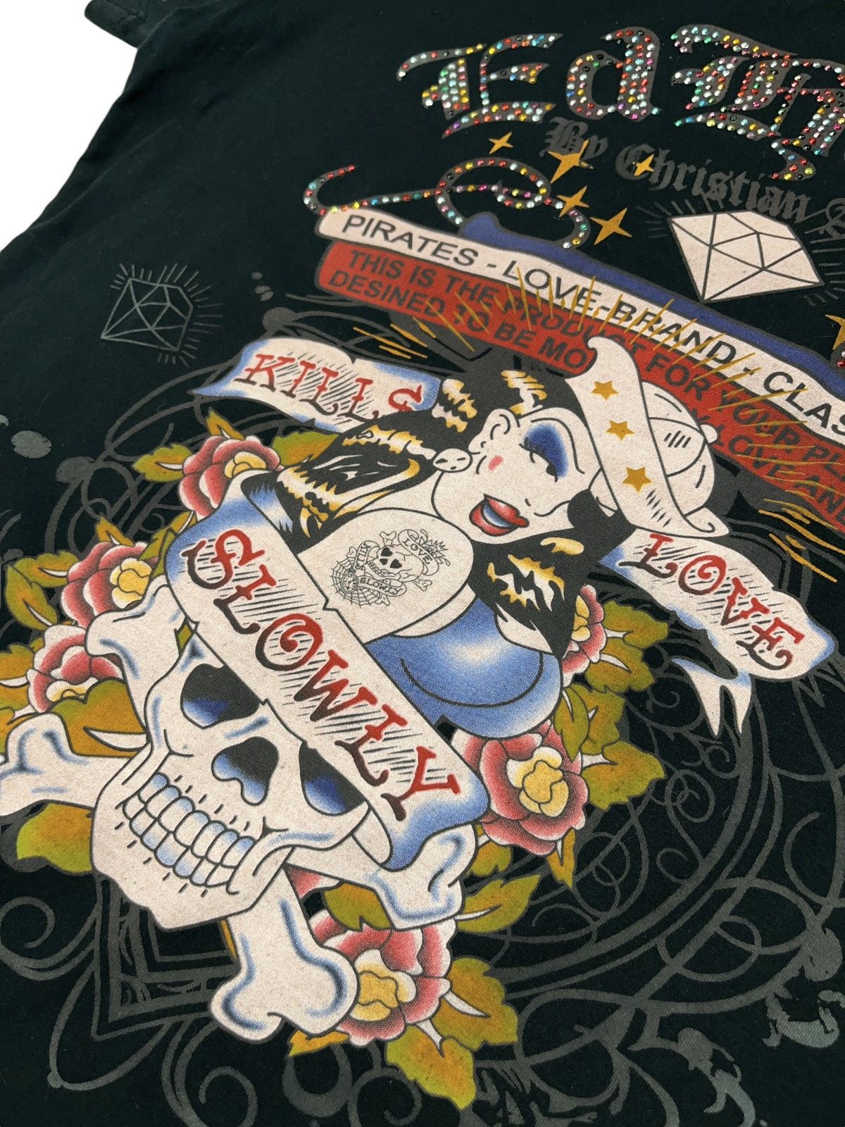 Ed Hardy × Japanese Brand × Vintage Vintage Ed Hardy y2k T-shirt with Rhinestones Pirate Woman Size L / US 10 / IT 46 - 7 Thumbnail