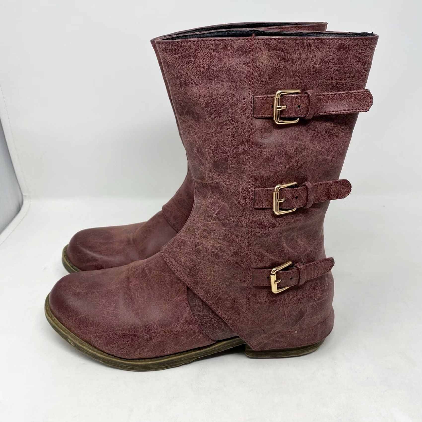 Vintage French Blu Boot Red Distressed Look Buckle Mid Calf Equestrian Riding Leather Ankle Boot Women Vintage No N/A Size US 9 / IT 39 - 6 Thumbnail