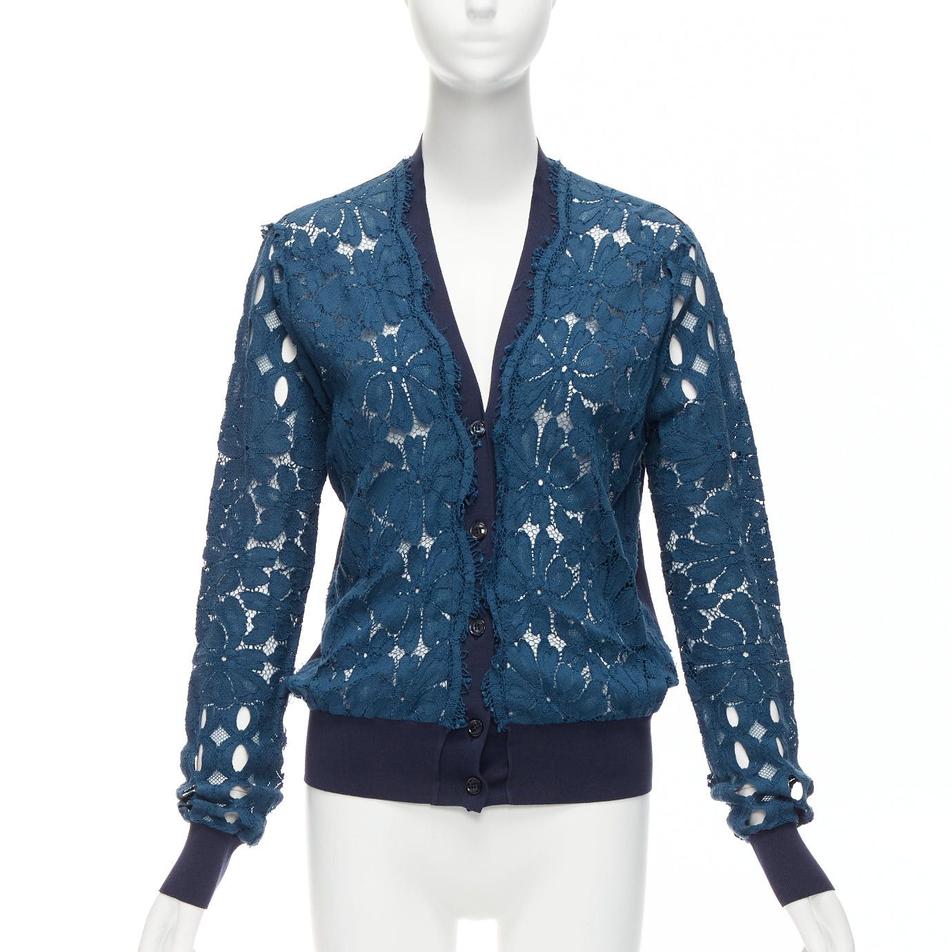 Lanvin LANVIN 2015 blue silk cotton floral lace sheer long sleeve V neck cardigan S Size S / US 4 / IT 40 - 1 Thumbnail