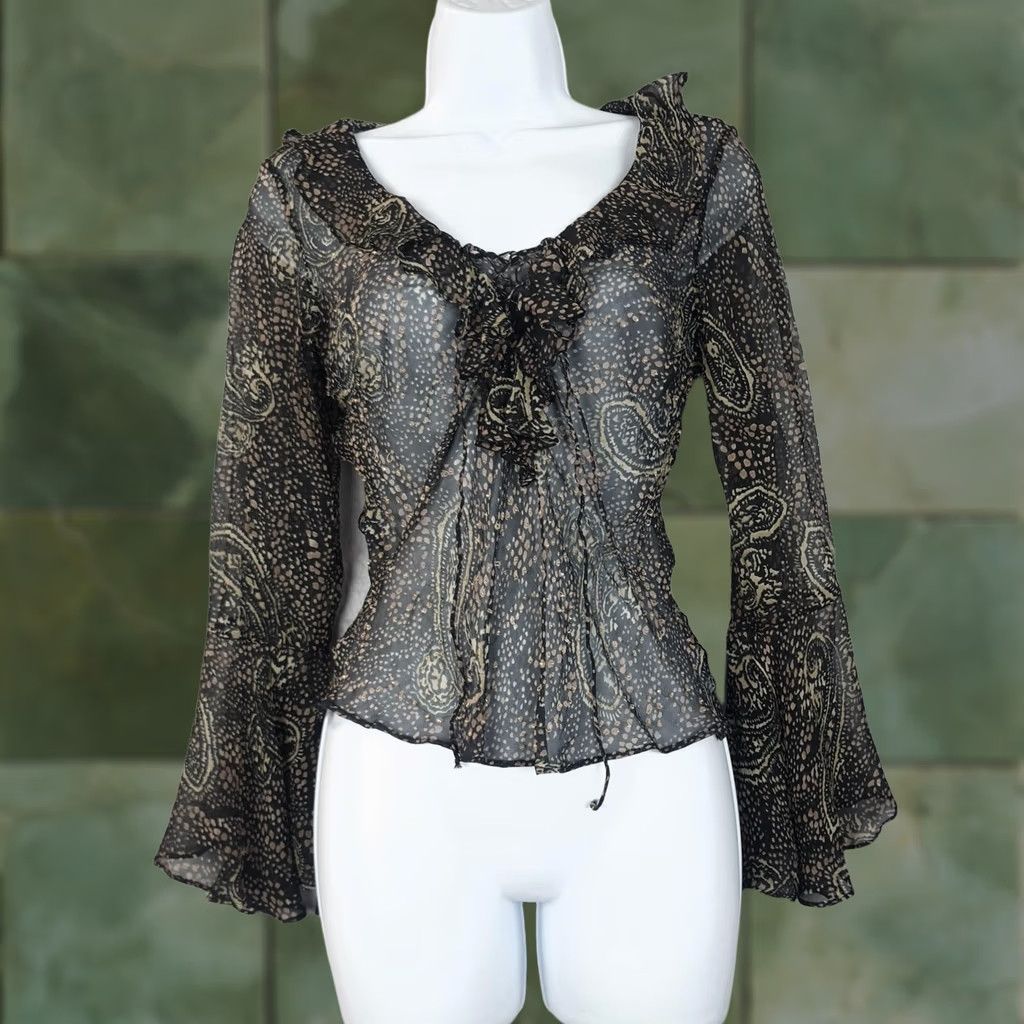 Bell VINTAGE Y2K Whimsy Fairy Top Womens Small Black Beaded Ruffle Bell Sleeve Blouse Size S / US 4 / IT 40 - 1 Thumbnail
