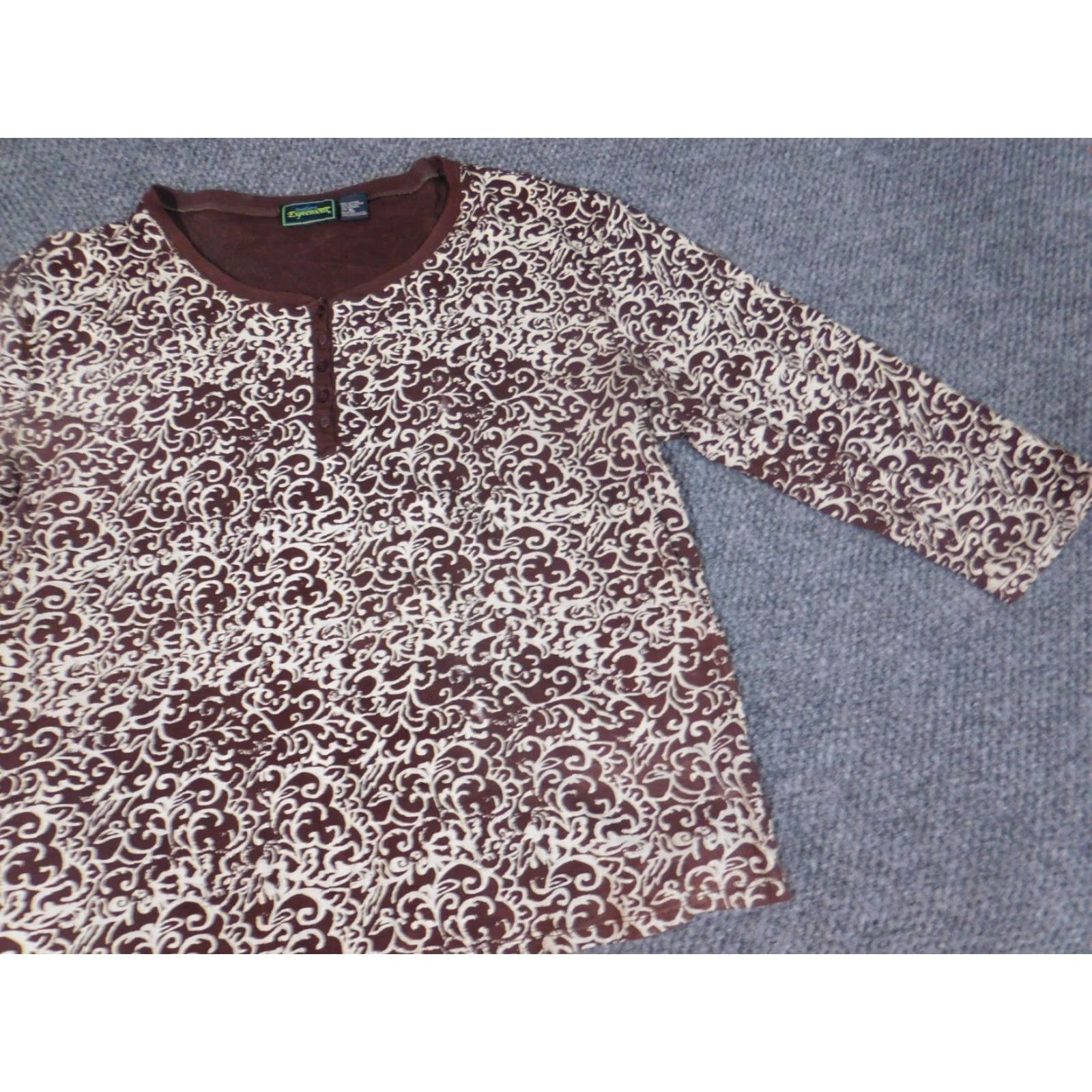 Vintage Southern Expressions Womens Blouse XL Pullover Crew Neck Long Sleeve Brown Geometric Cotton Polyester Rayon Ruffle Casual Regular Fit Vintage No N/A Size XL / US 12-14 / IT 48-50 - 2 Thumbnail