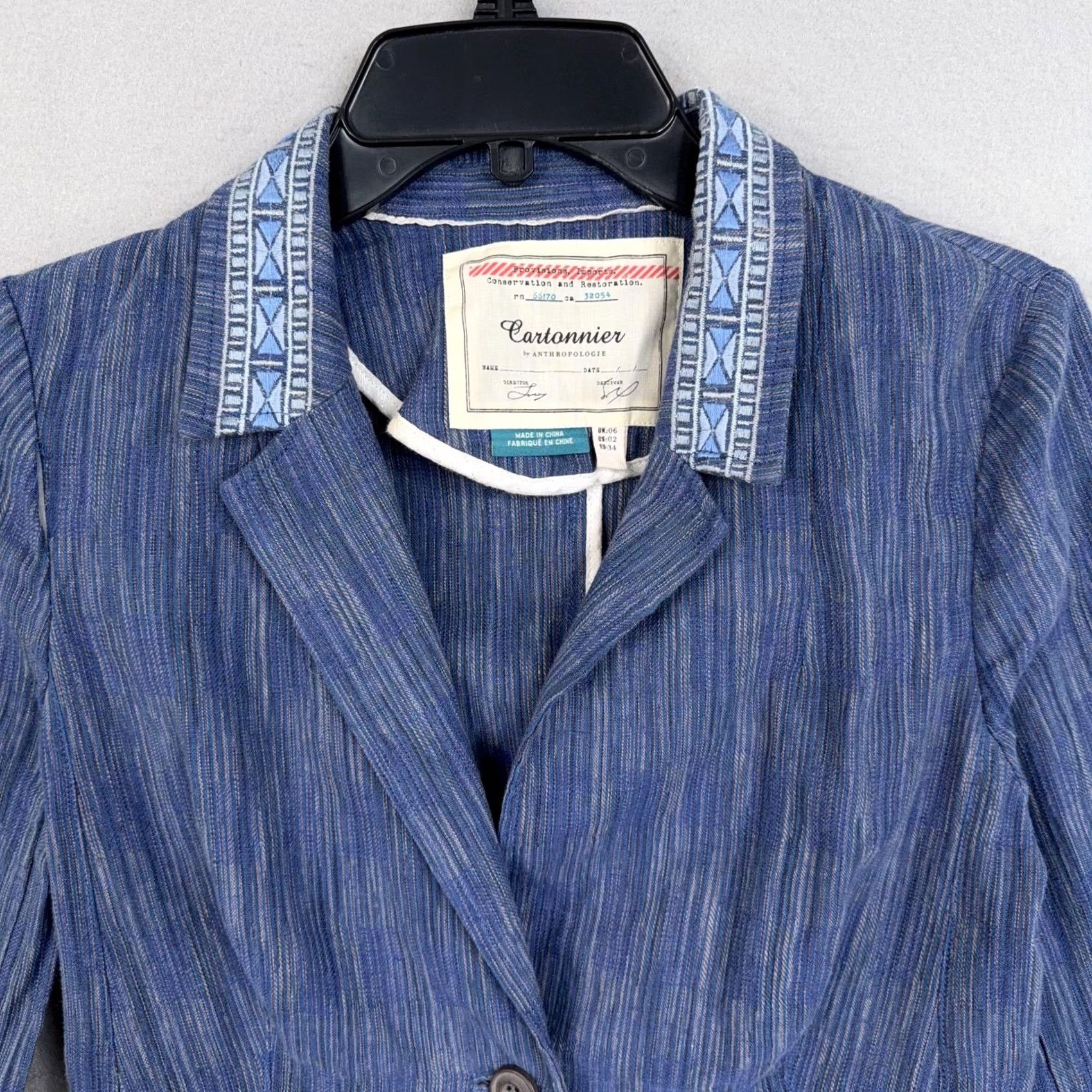 Vintage Cartonnier Blazer Womens 2 Blue Stripe Linen Cotton Embroidered Collar Jacket - Pre-Owned 2 Size XS / US 0-2 / IT 36-38 - 2 Thumbnail
