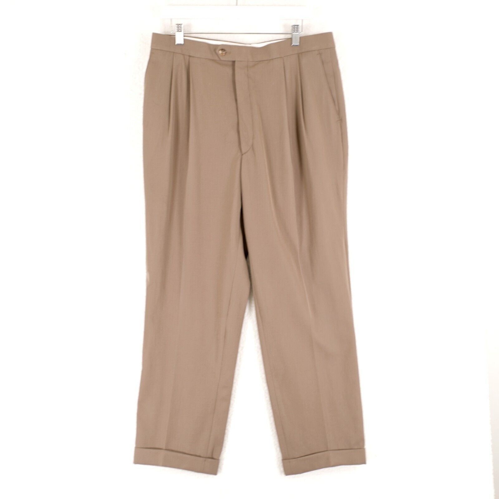 Designer Greg Peters Wool Dress Pants 34/28 NO BELT LOOPS Beige Pleat Size 34R - 1 Thumbnail