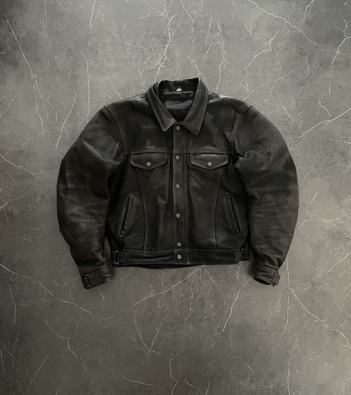 image of Leather Jacket x Racing Vintage Polo Real Leather Boxy Fit Fade Racing Jacket in Black (Size XL)