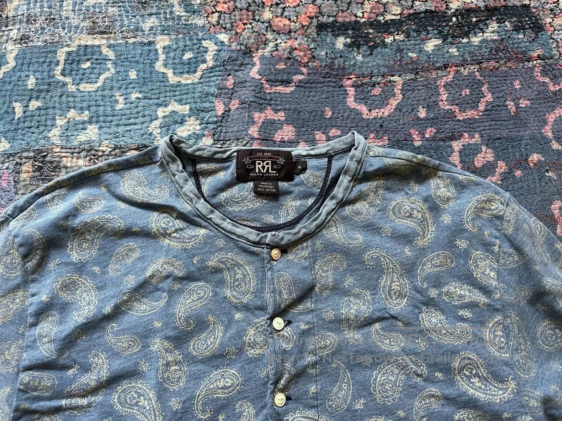 RRL Ralph Lauren rrl indigo dyed paisley long sleeve tee. Size US XL / EU 56 / 4 - 3 Thumbnail