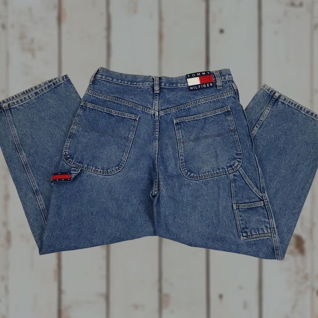 Tommy Hilfiger VINTAGE Tommy Hilfiger Baggy Carpenter Jeans USA Denim 34x29 Mens Blue 90s Flag Logo Size US 34 / EU 50 - 1 Thumbnail