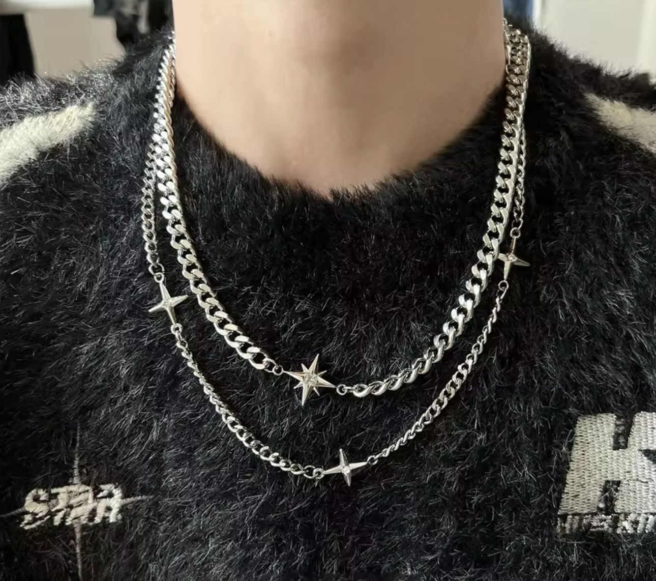 Jewelry Double-Layer Star Cross Necklace in Silver, Men's