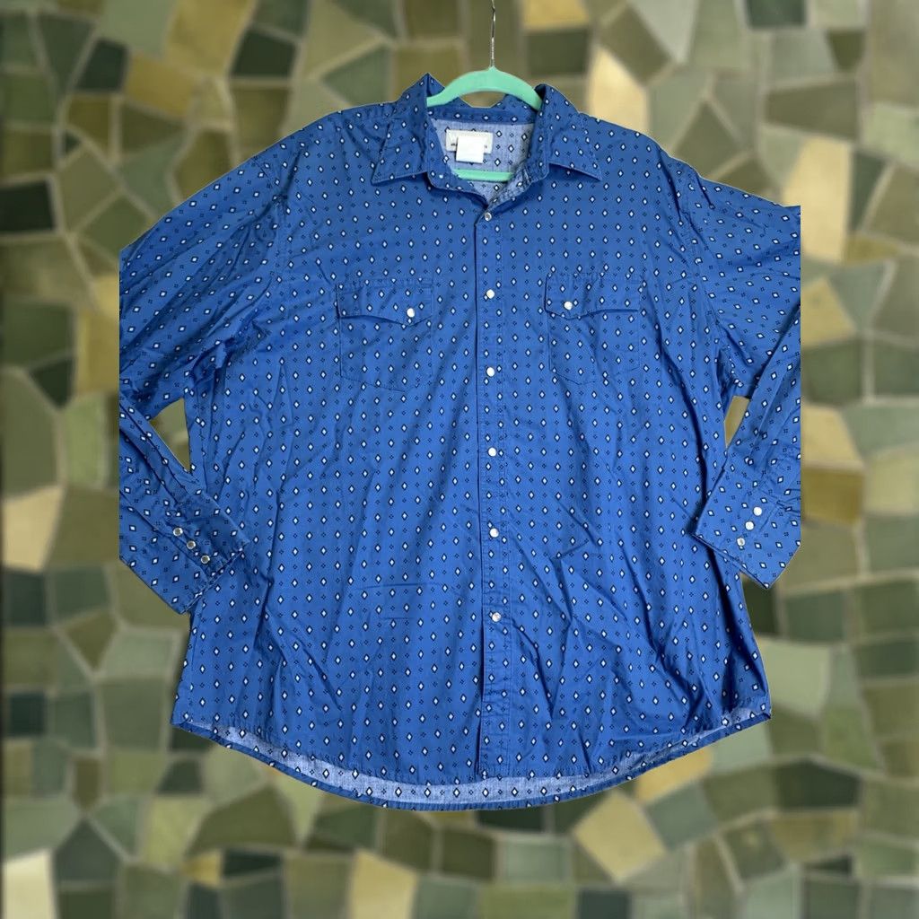 Wrangler Wrangler Shirt Men 2XL Blue Diamond Geometric Pearl Snap Wrancher Cowboy Ranch Shirt Size US XXL / EU 58 / 5 - 1 Thumbnail