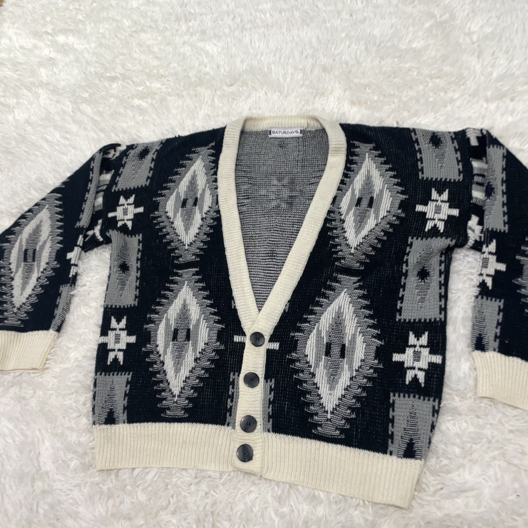 Saturdays NYC SATURDAYS Cardigan Sweater Geometric Black White Vintage 90s S Mens V-Neck Knit Crew Deck Casual Party/Cocktail Travel All Seasons Size US S / EU 44-46 / 1 - 4 Thumbnail