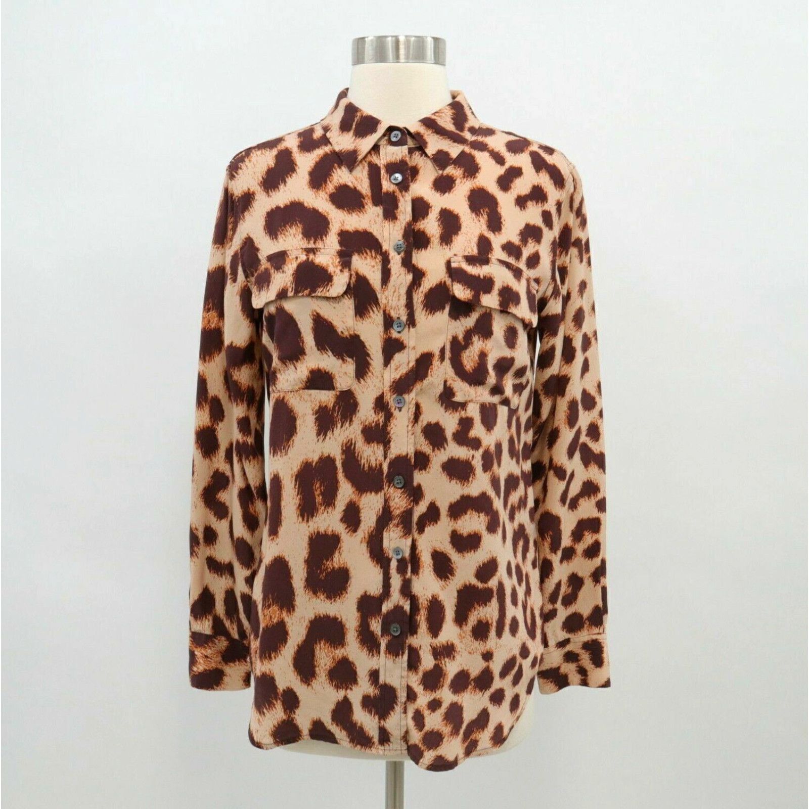 image of Equipment Silk Button-Up Shirt Blouse Slim Signature Womens S Small Animal Print in White