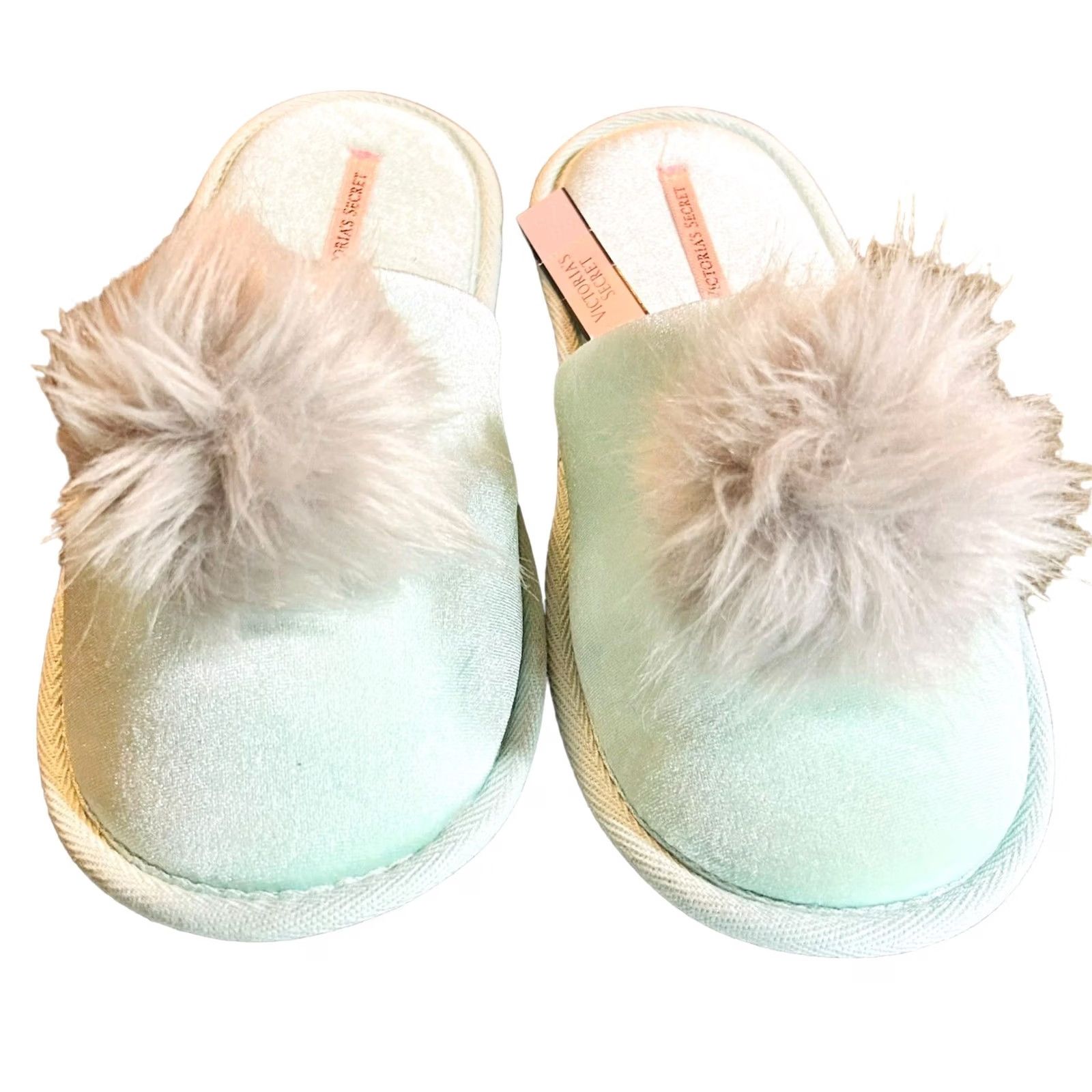 Victoria's Secret Victoria's Secret Slippers Mint Green Women LG 9/10 Gray Faux Fur Pom-Pom NWT Slippers Womens Size ONE SIZE - 3 Thumbnail