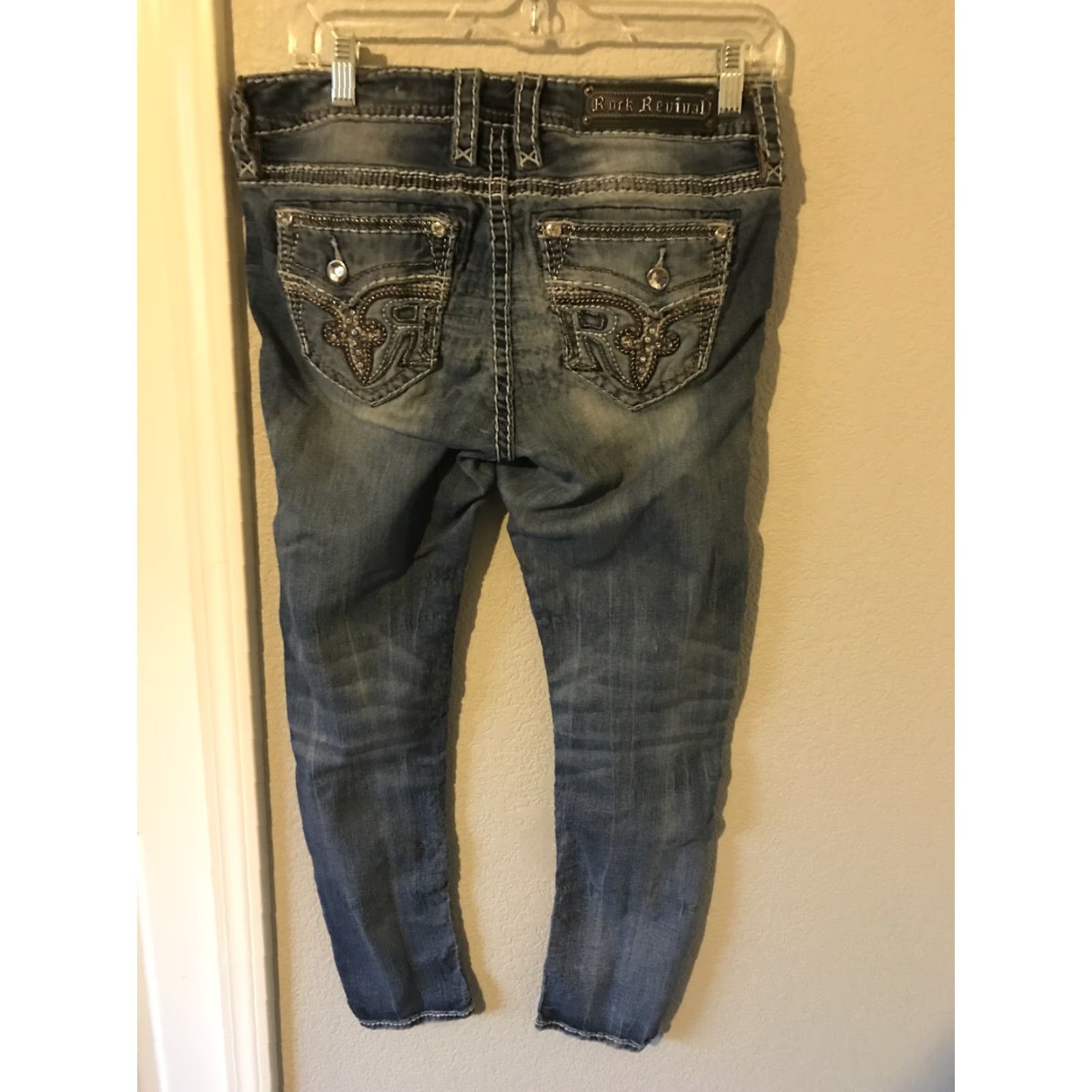 Vintage Rock Revival Jeans Womens 29 Blue Skinny Mid Rise Distressed Embroidered Rhinestone 5-Pocket Denim Leather Rockabilly Biker Metal Size 29" - 2 Thumbnail