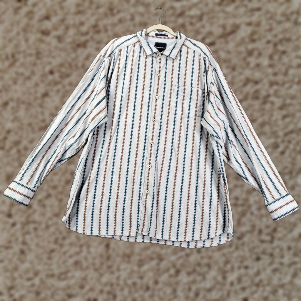 Tommy Bahama Tommy Bahama Shirt Mens Button-Up 2XL Blue Taupe Geometric Stripes Cotton Long Sleeve Collared Beach Classic Colorful Size US XXL / EU 58 / 5 - 1 Thumbnail