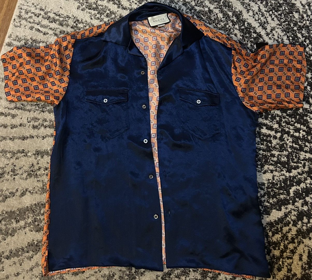 Gucci Gucci Men Silk & Acetate Navy Orange Shirt size IT 50 Size US M / EU 48-50 / 2 - 9 Thumbnail