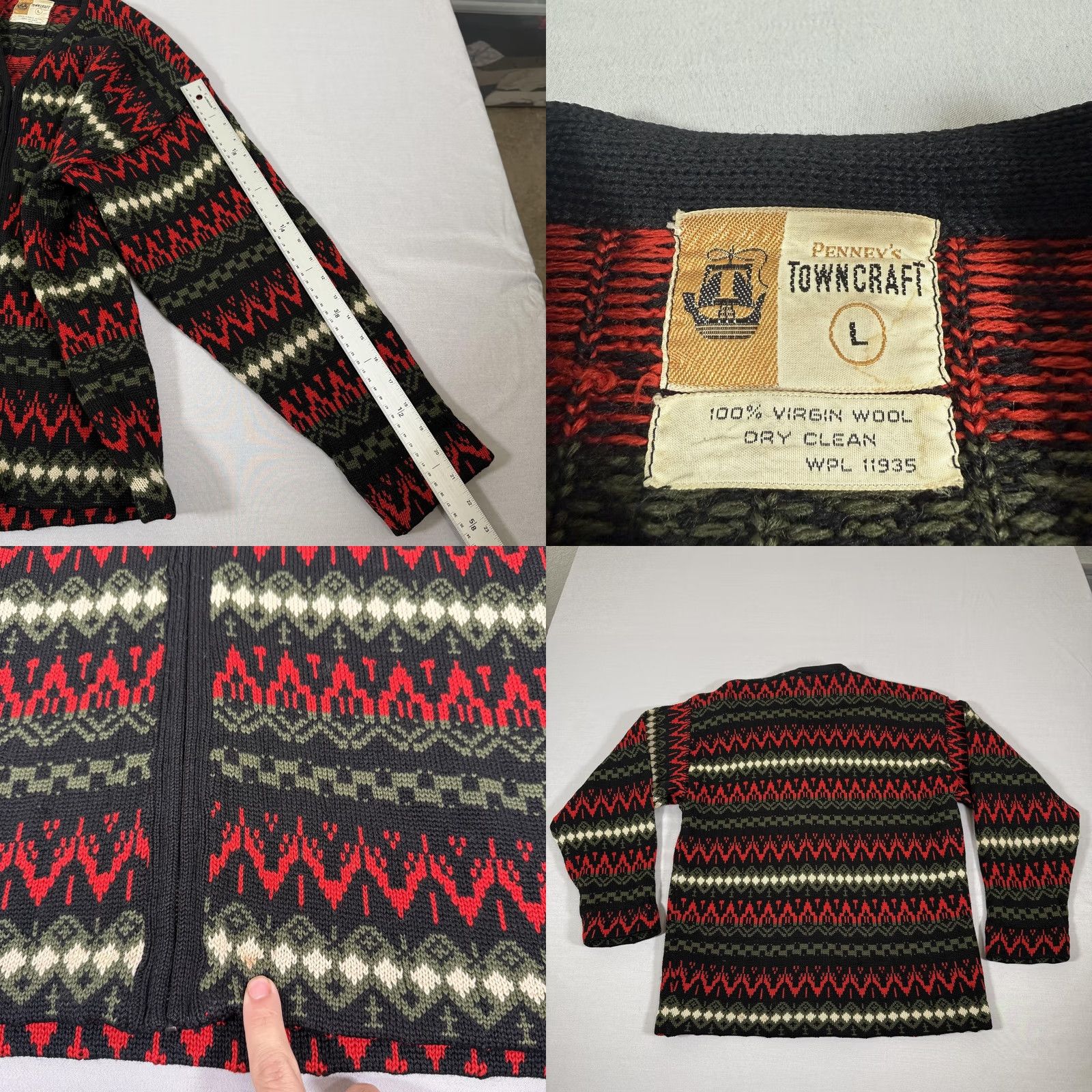 Vintage VINTAGE Penneys Towncraft Wool Full Zip Cardigan Sweater Mens Large Black Fair Isle 60s 50s Size US L / EU 52-54 / 3 - 8 Thumbnail