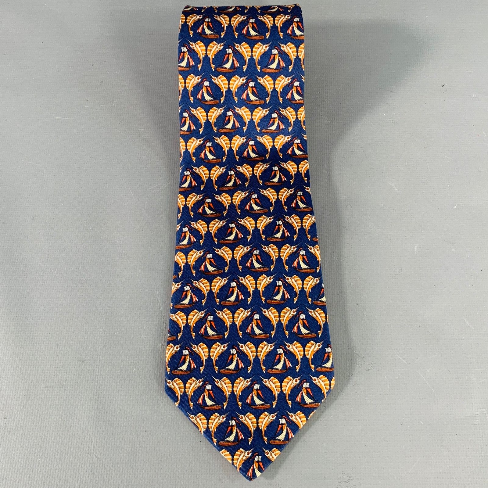 Salvatore Ferragamo SALVATORE FERRAGAMO Navy Orange Swordfish Nautical Silk Tie Size ONE SIZE - 3 Thumbnail