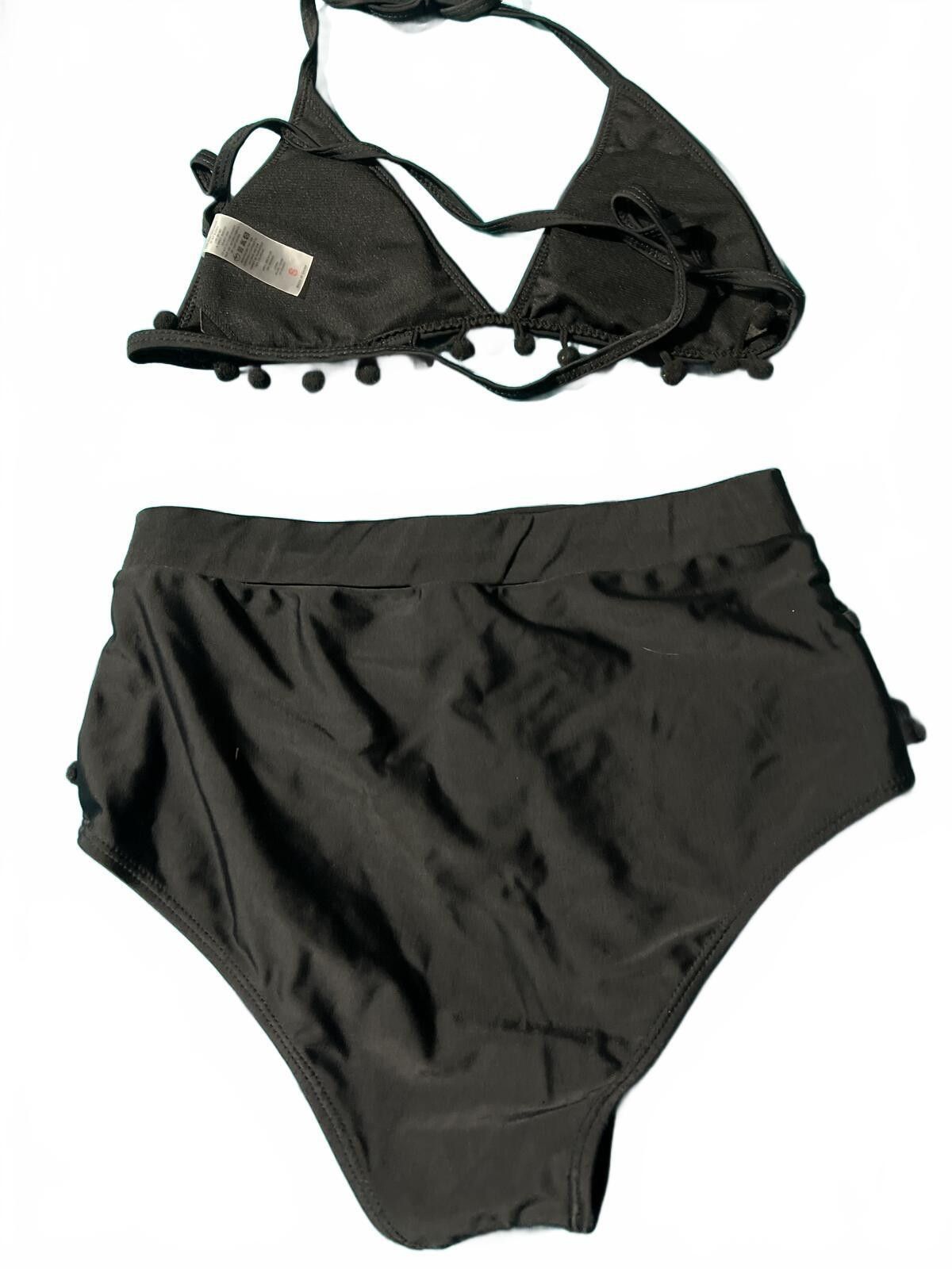 Unknown London Black Two-Piece High-Waisted Bikini Set with Pom Pom Trim Size ONE SIZE - 5 Thumbnail