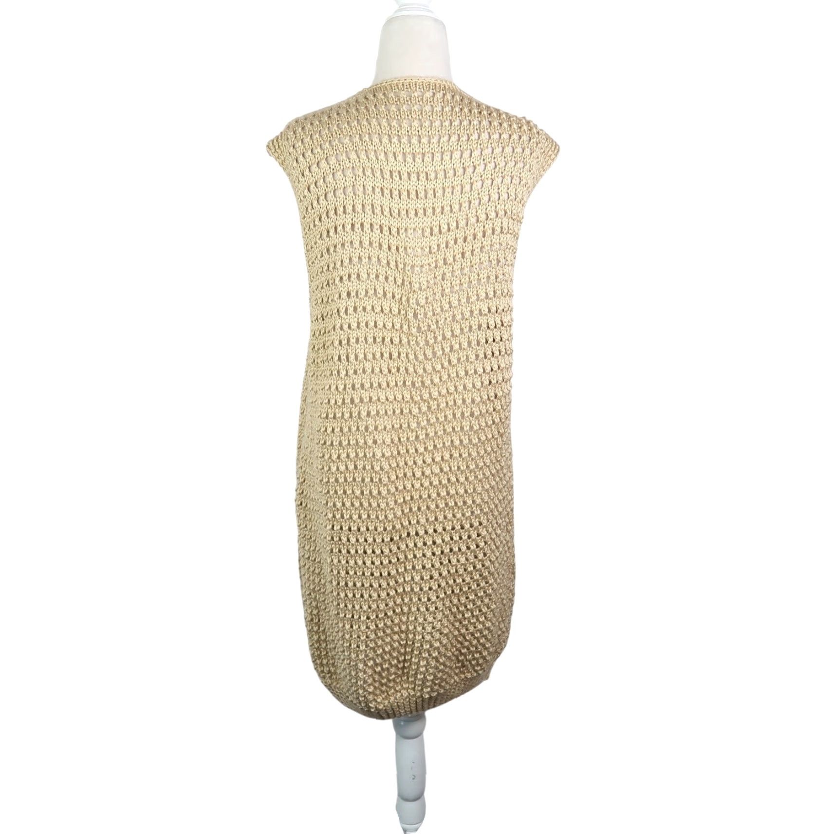 Vintage VINTAGE Tan Crochet Knit Long Cardigan Sweater Vest Duster Handmade Womens M Sleeveless Casual Spring Fall Size M / US 6-8 / IT 42-44 - 4 Thumbnail