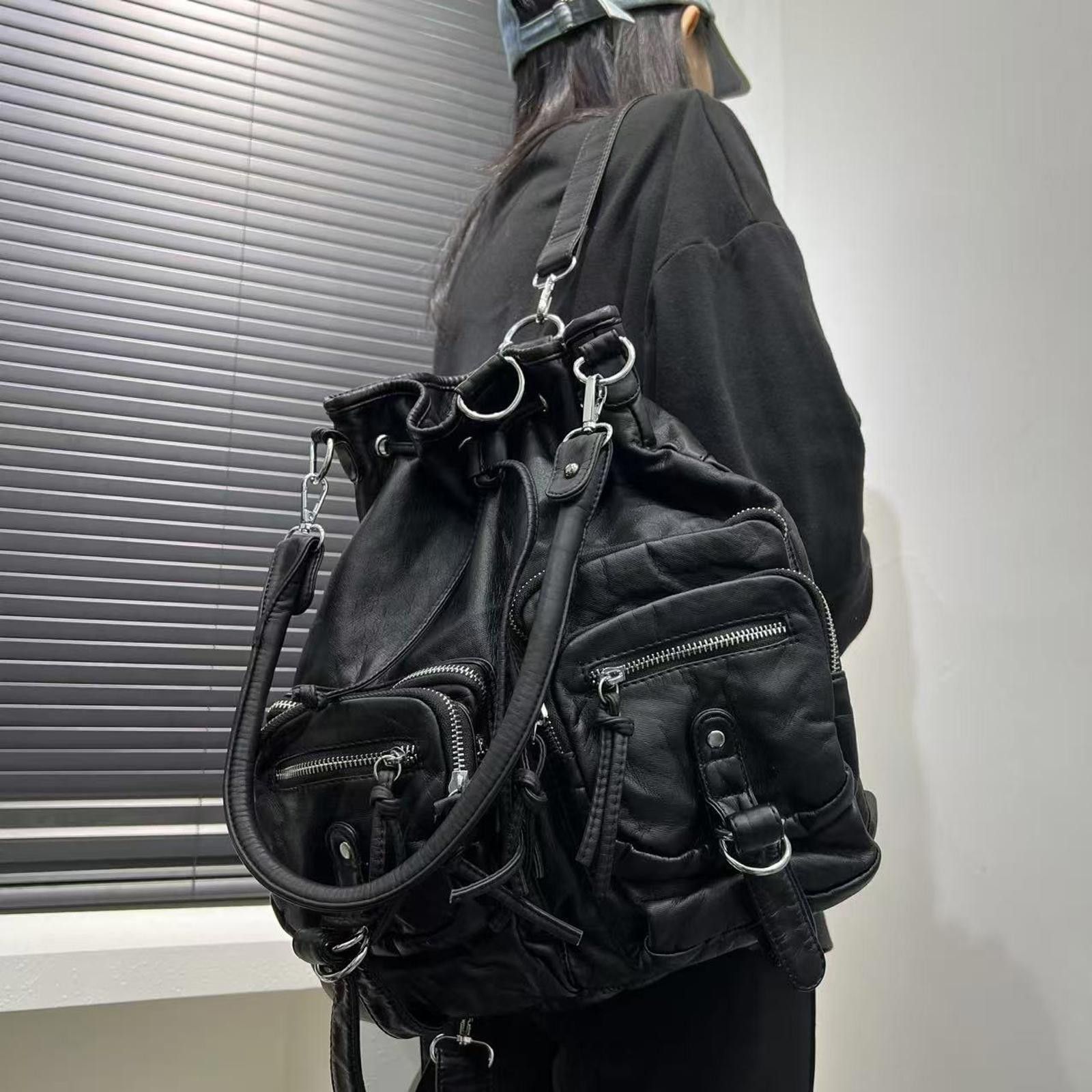 Black Multi-Pocket Drawstring Leather Bag