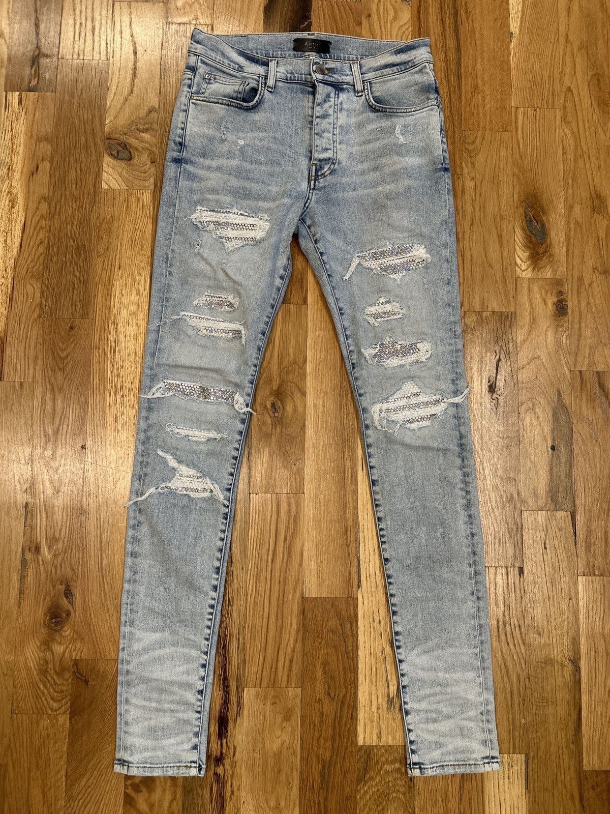 image of Amiri Mx1 Silver Crystal Blue Denim Jeans Size 32, Men's