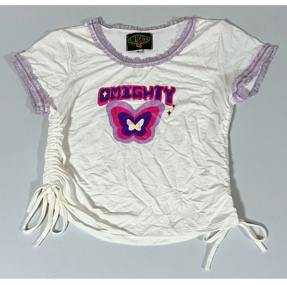 Japanese Brand O-Mighty Butterfly Logo Graphic Ruched T-Shirt Top Size S 🦋✨ Size S / US 4 / IT 40 - 1 Thumbnail