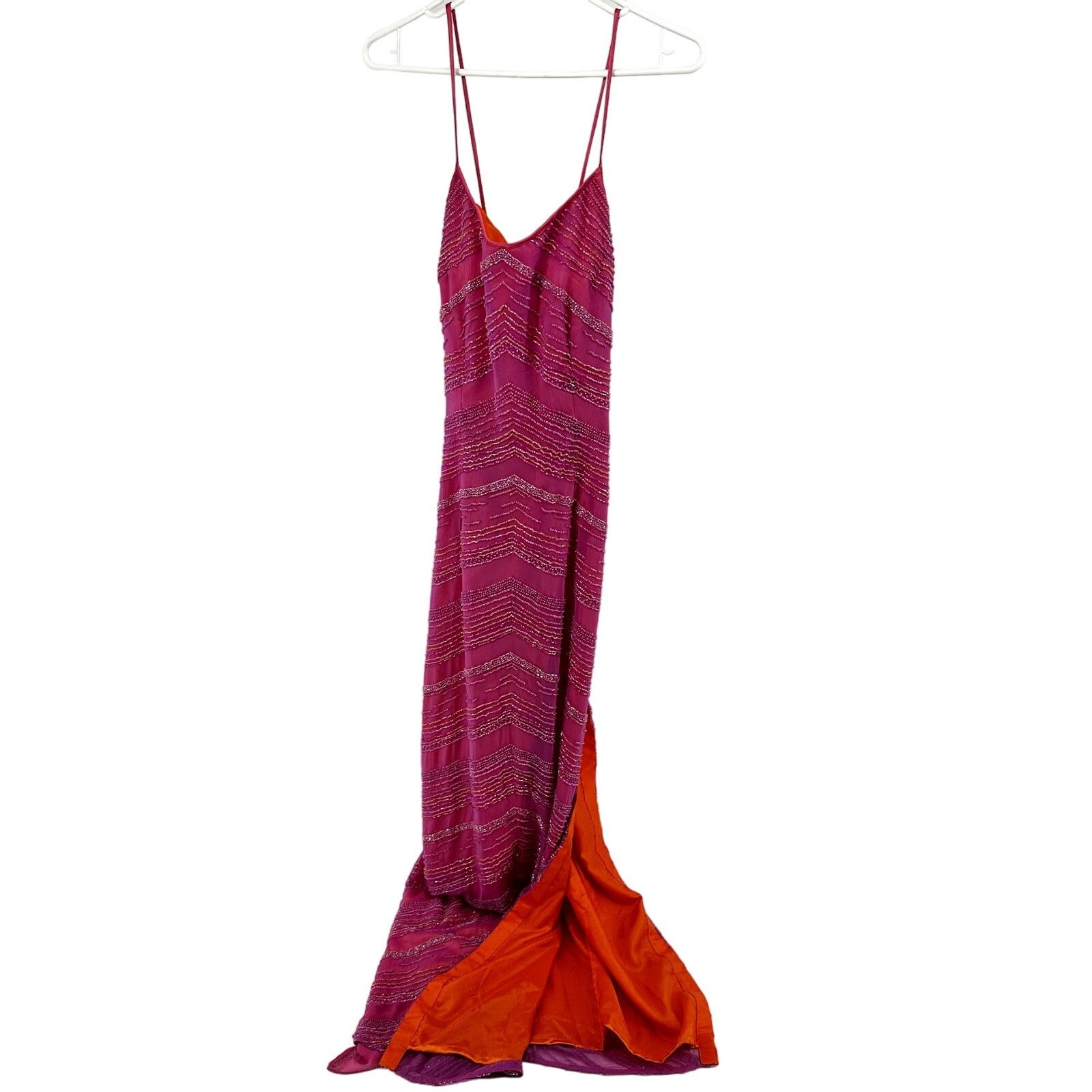Scala Beaded Maxi Dress Slit 100% Silk Pink Orange L NWT