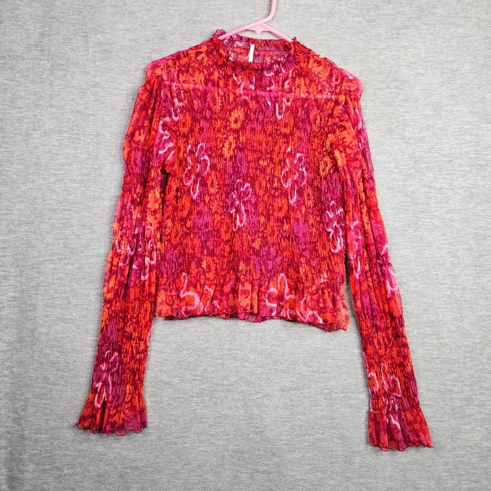 Free People Free People Blouse Shirt Womens M Red Pink Floral Long Sleeve Crew Neck Stretch All Seasons Regular Size M / US 6-8 / IT 42-44 - 2 Thumbnail