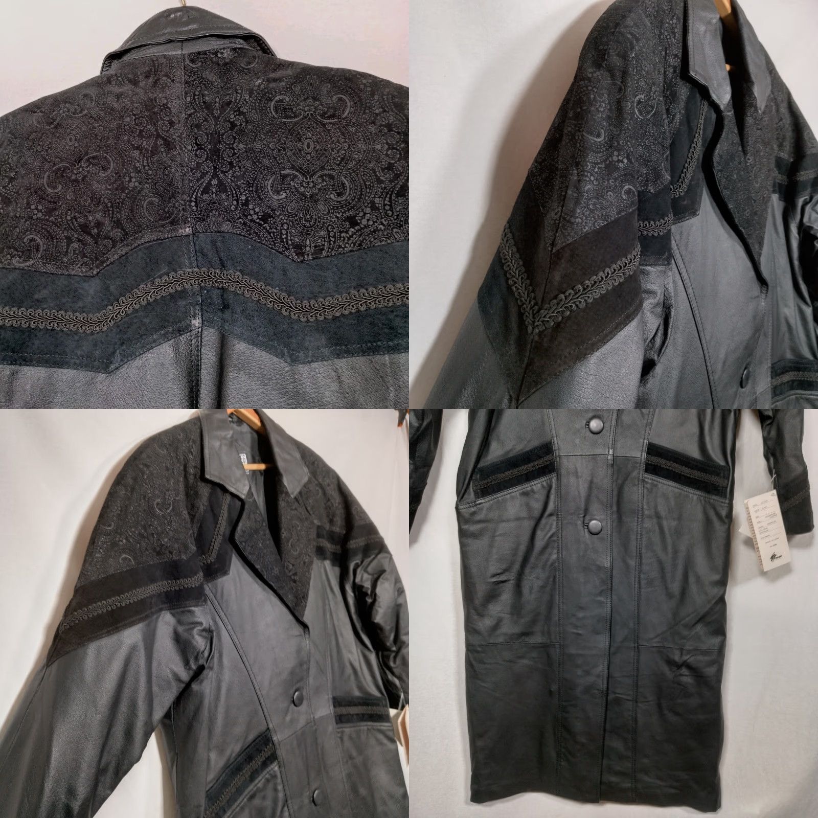 Bell VINTAGE Greg Bell Coat Trench Womens Leather Black Long Button 1990s New Old Stock Paisley Patchwork L Men? Size L / US 10 / IT 46 - 8 Thumbnail