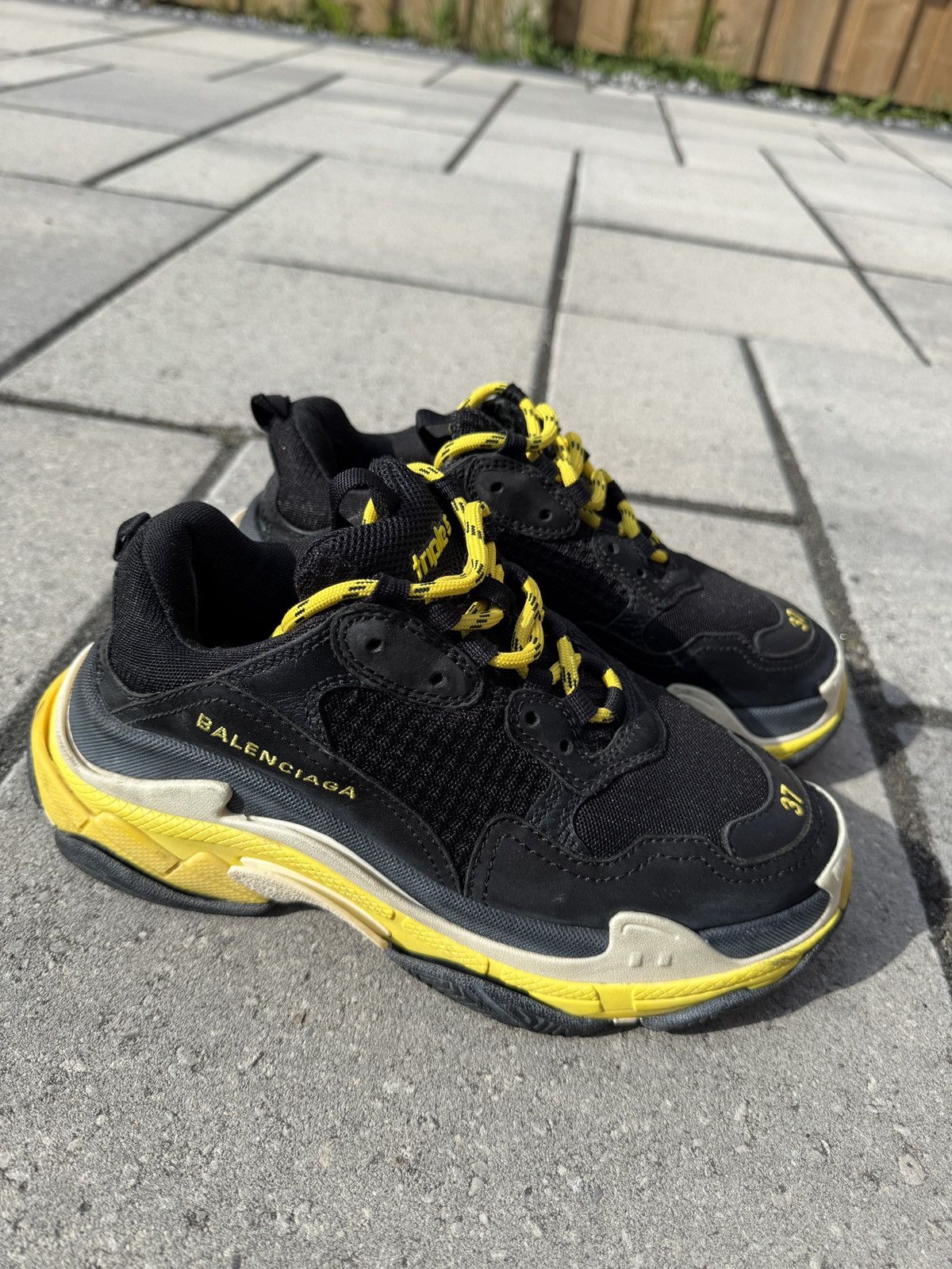 Balenciaga Balenciaga Triple S Distressed Sneakers Black/Yellow Size US 7 / IT 37 - 5 Thumbnail