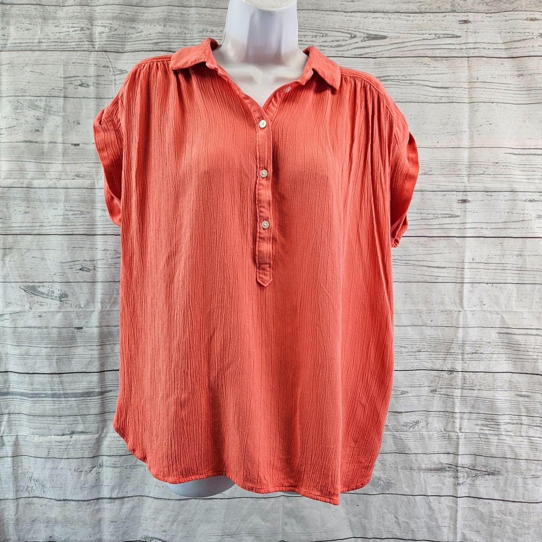 Loft Ann Taylor LOFT Womens Top Sz Medium Corral Short Sleeve Rayon Linen Blouse Shirt Womens M Orange Collar Short Sleeve Linen Rayon 90s? Size M / US 6-8 / IT 42-44 - 2 Thumbnail