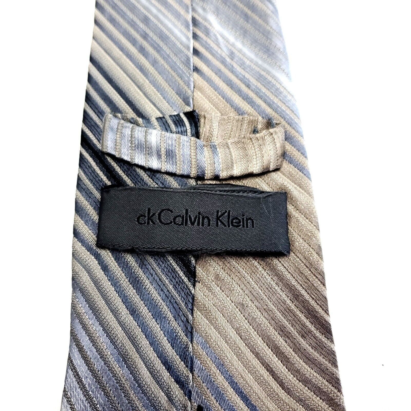 Calvin Klein Calvin Klein Grey Beige Silk Tie Woven Long Striped Size ONE SIZE - 4 Thumbnail