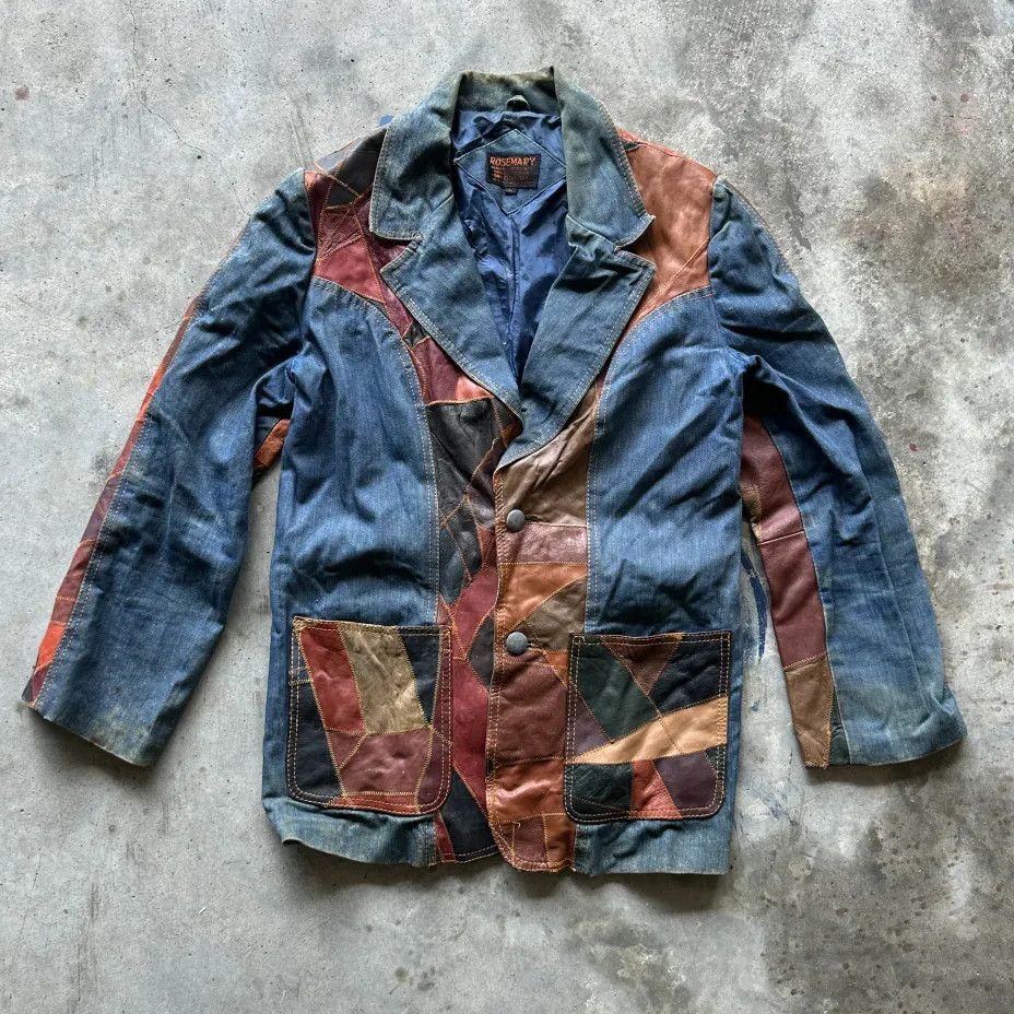 Other Vintage 70s Rosemary Patchwork Leather Denim Jacket Size L / US 10 / IT 46 - 1 Thumbnail