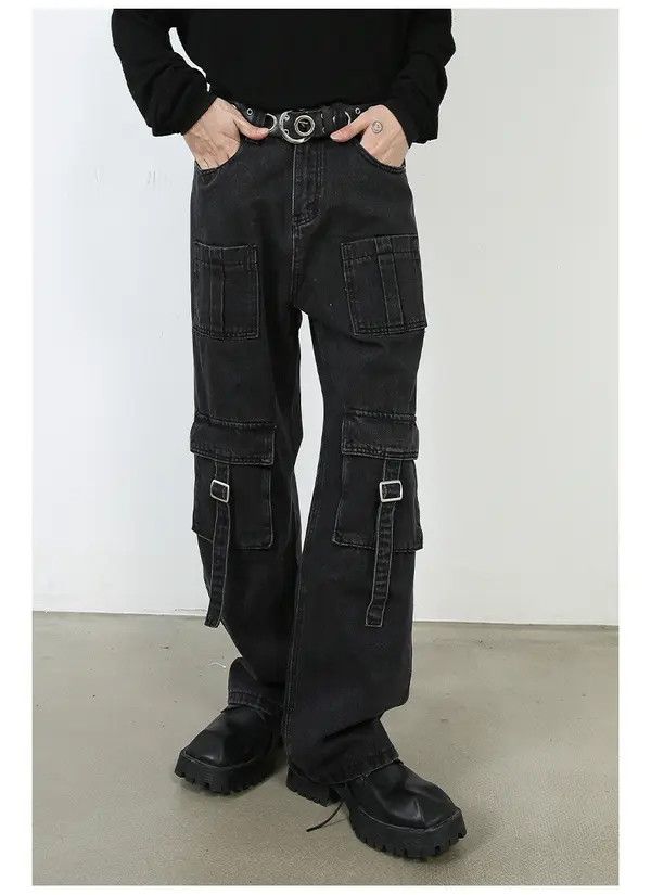 Japanese Brand Men's multi-pocket washed vintage wide-leg cargo jeans Size US 32 / EU 48 - 2 Thumbnail