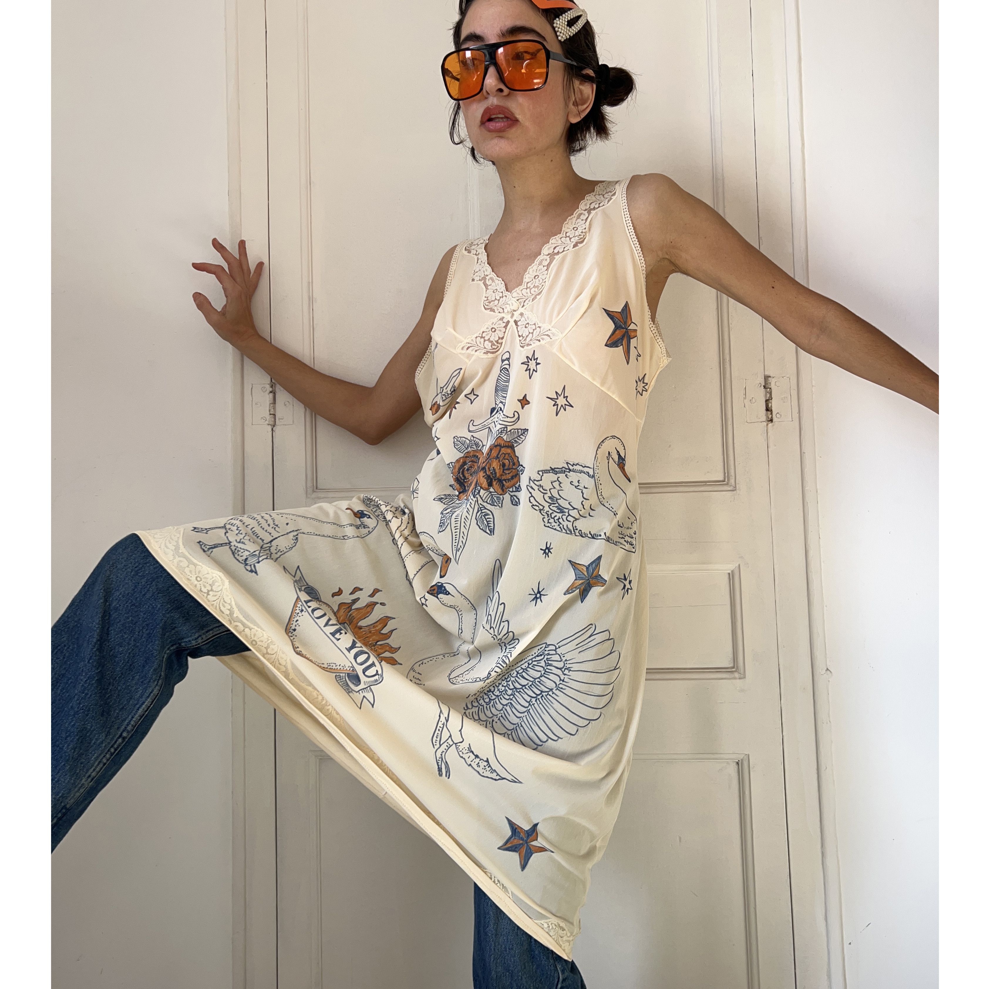 Custommade Hand-Painted Tattoo Swan Slip Dress Size L / US 10 / IT 46 - 8 Thumbnail