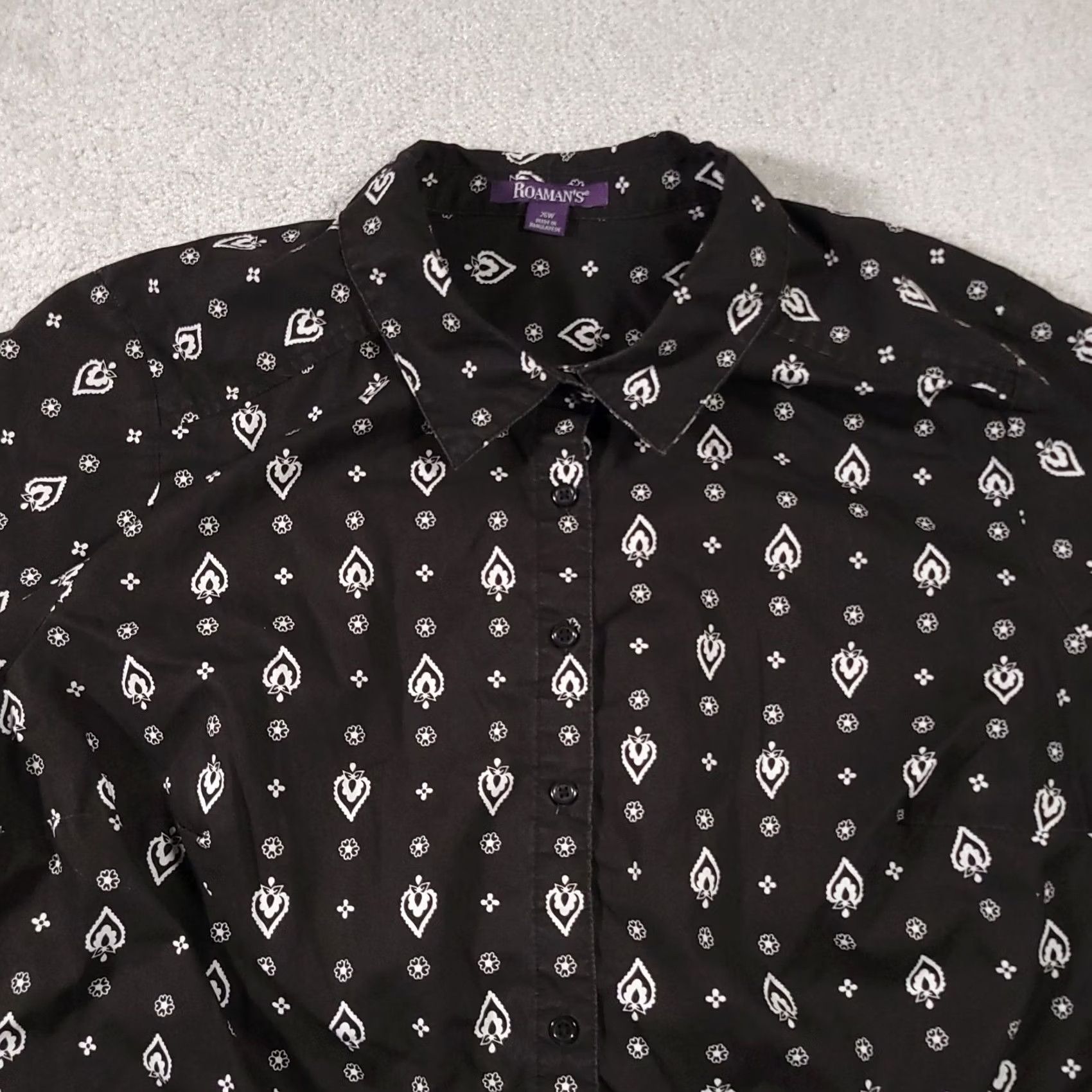 Vintage Roaman's Button-Up Shirt Women's 26W Black Floral Short Sleeve Collared Casual Size 4XL / US 24-26 - 3 Thumbnail