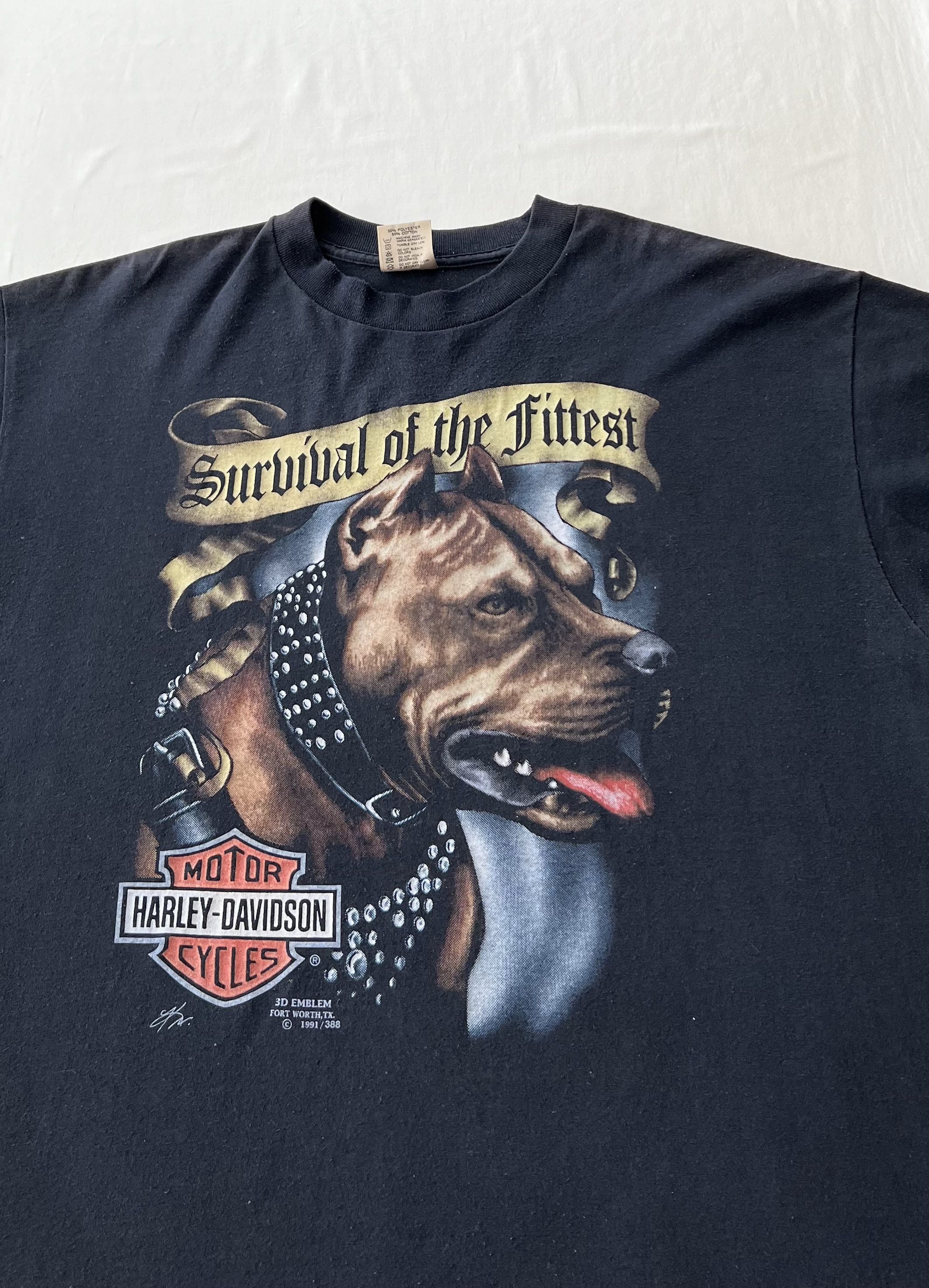 Harley Davidson Vintage 1991 3D Emblem Survival Of The Fittest Harley Tshirt Size US XL / EU 56 / 4 - 5 Thumbnail