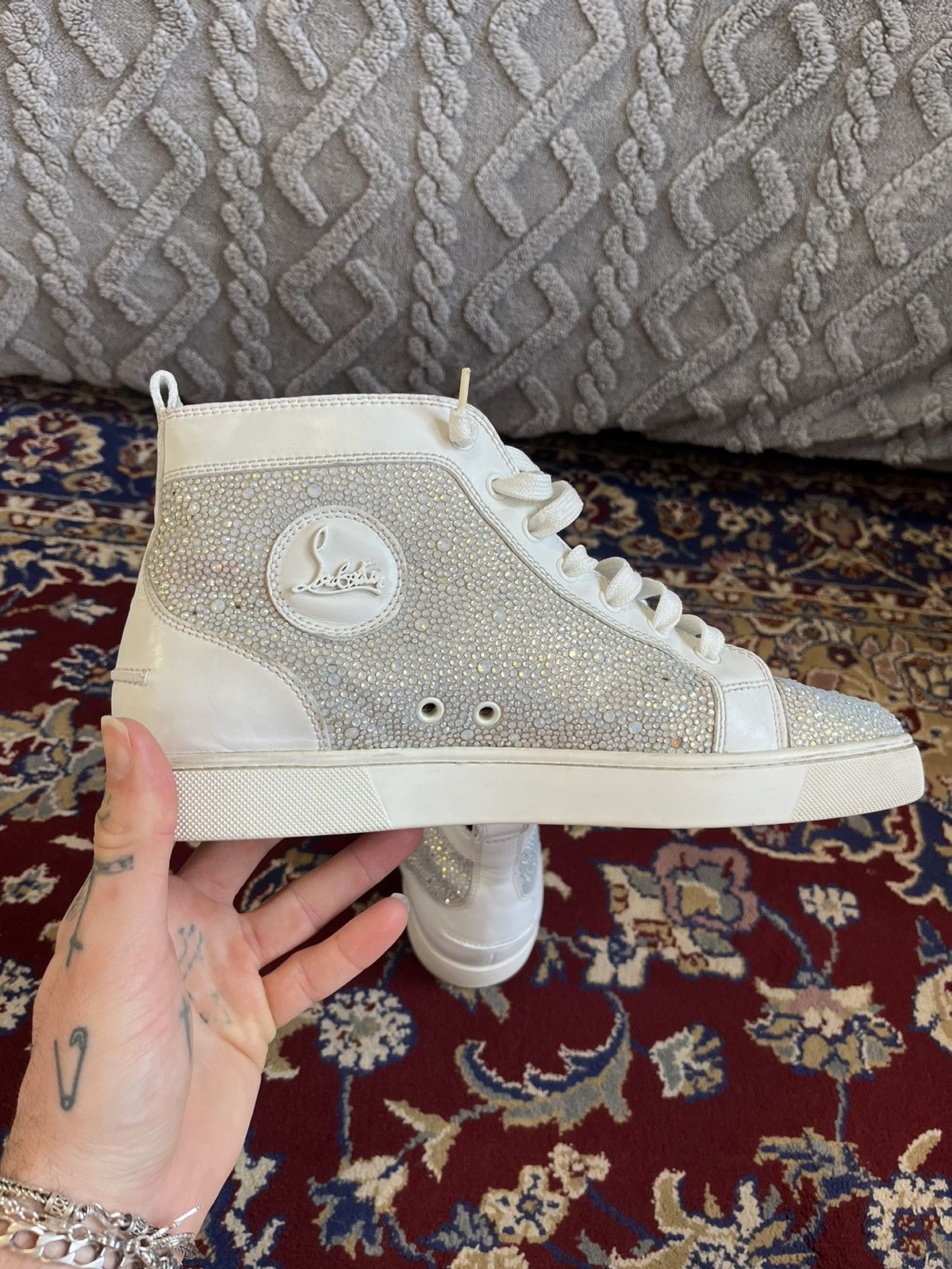 Christian Louboutin Mens Christian Louboutin White Leather Swarovski Sneakers 🔥 Size US 9 / EU 42 - 3 Thumbnail