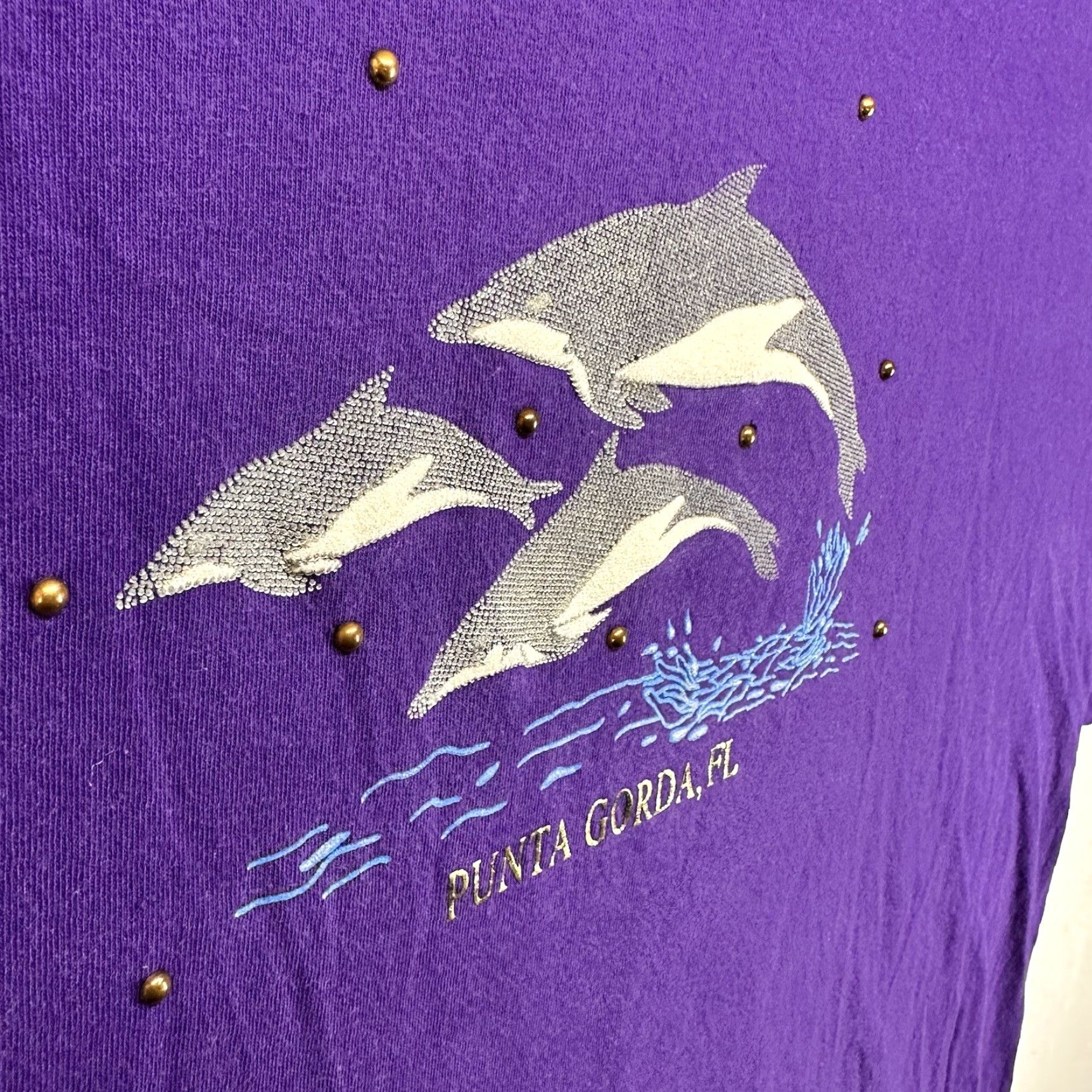 Gildan VINTAGE Gildan Florida Mens Large Purple Short Sleeve Graphic T-Shirt Embroidered Dolphin Size US L / EU 52-54 / 3 - 6 Thumbnail