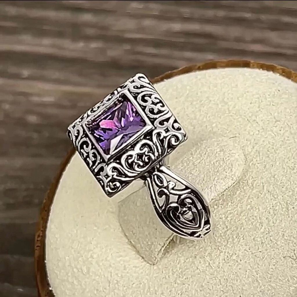 Other Sterling Silver Ornate Square Cut Amethyst CZ Ring Size 6 Size ONE SIZE - 5 Thumbnail