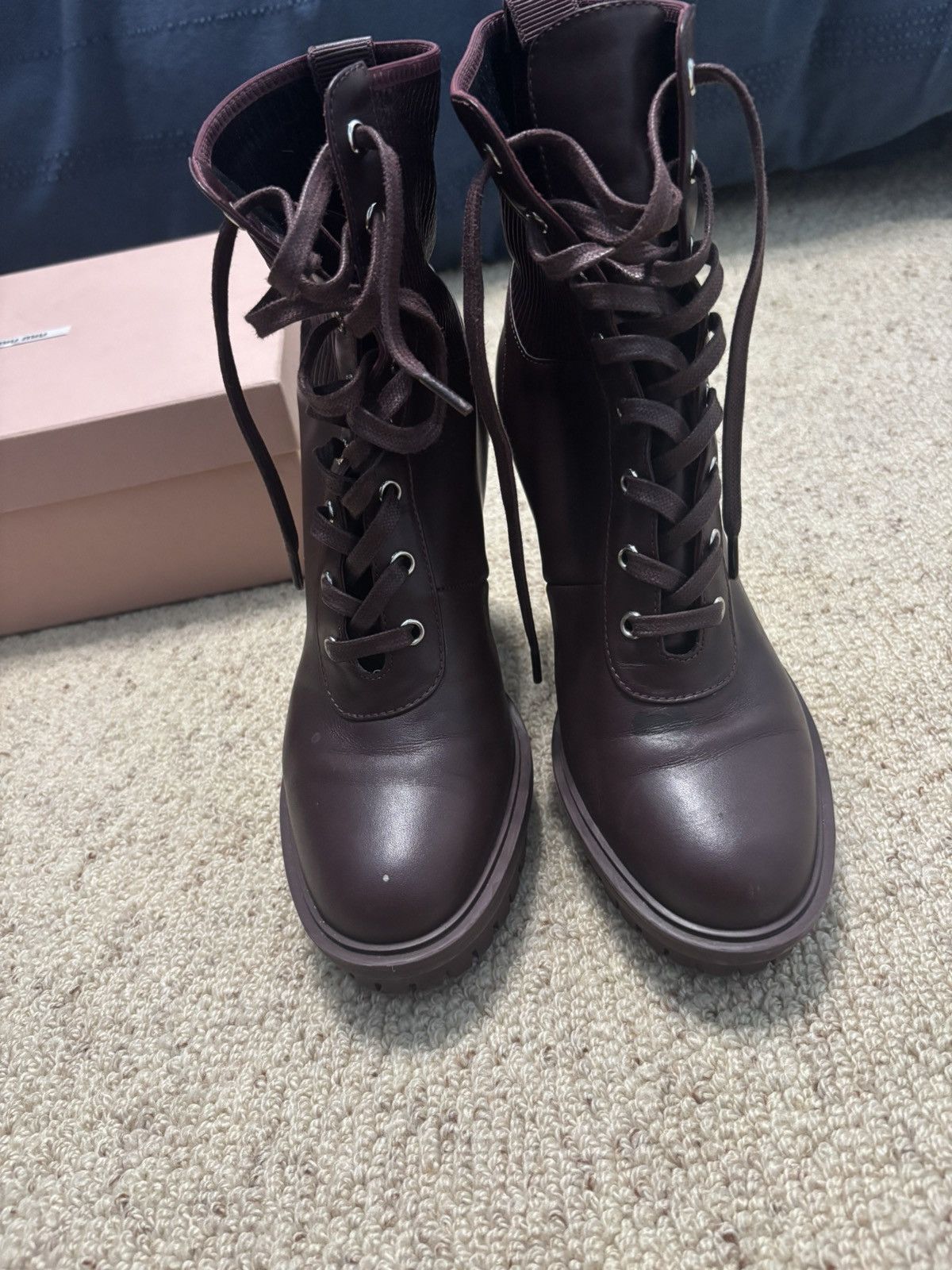 Miu Miu Miu Miu 5XP561 Lace-Up Ankle Boots Nero + Granato Burgundy Size US 7.5 / IT 37.5 - 5 Thumbnail