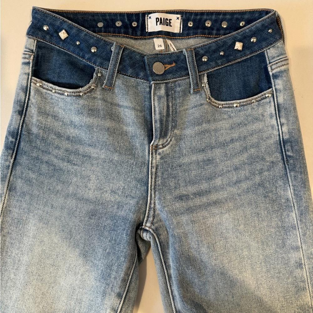 Paige PAIGE Verdugo Ankle Skinny Jeans Raw Hem Two Tone Studded 26 Size 26" / US 2 / IT 38 - 3 Thumbnail